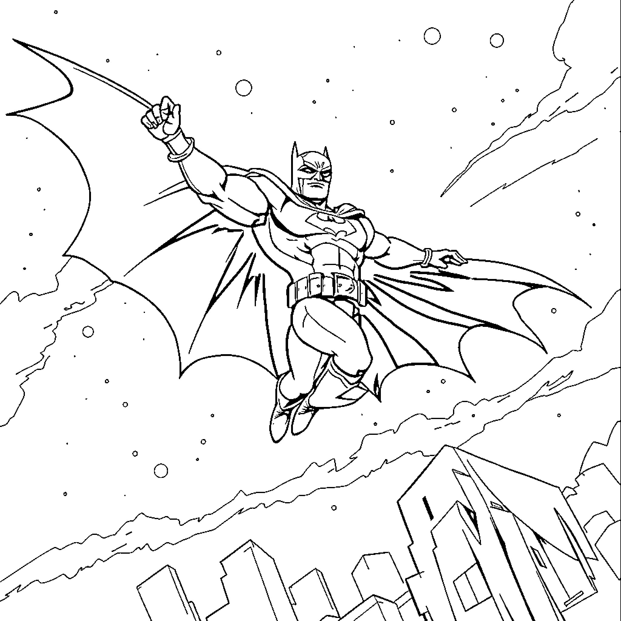 Batman soaring over the city in heroic action Coloring Page (free black-and-white line drawing printable PDF for all, from beginners to advanced learners, including children, teens, adults, and seniors)