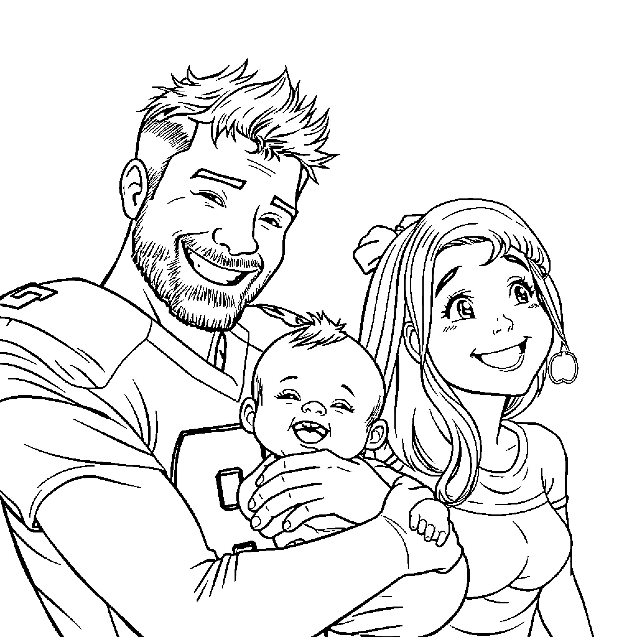 Mason's Happy Family Portrait Coloring Page (free black-and-white line drawing printable PDF for all, from beginners to advanced learners, including children, teens, adults, and seniors)