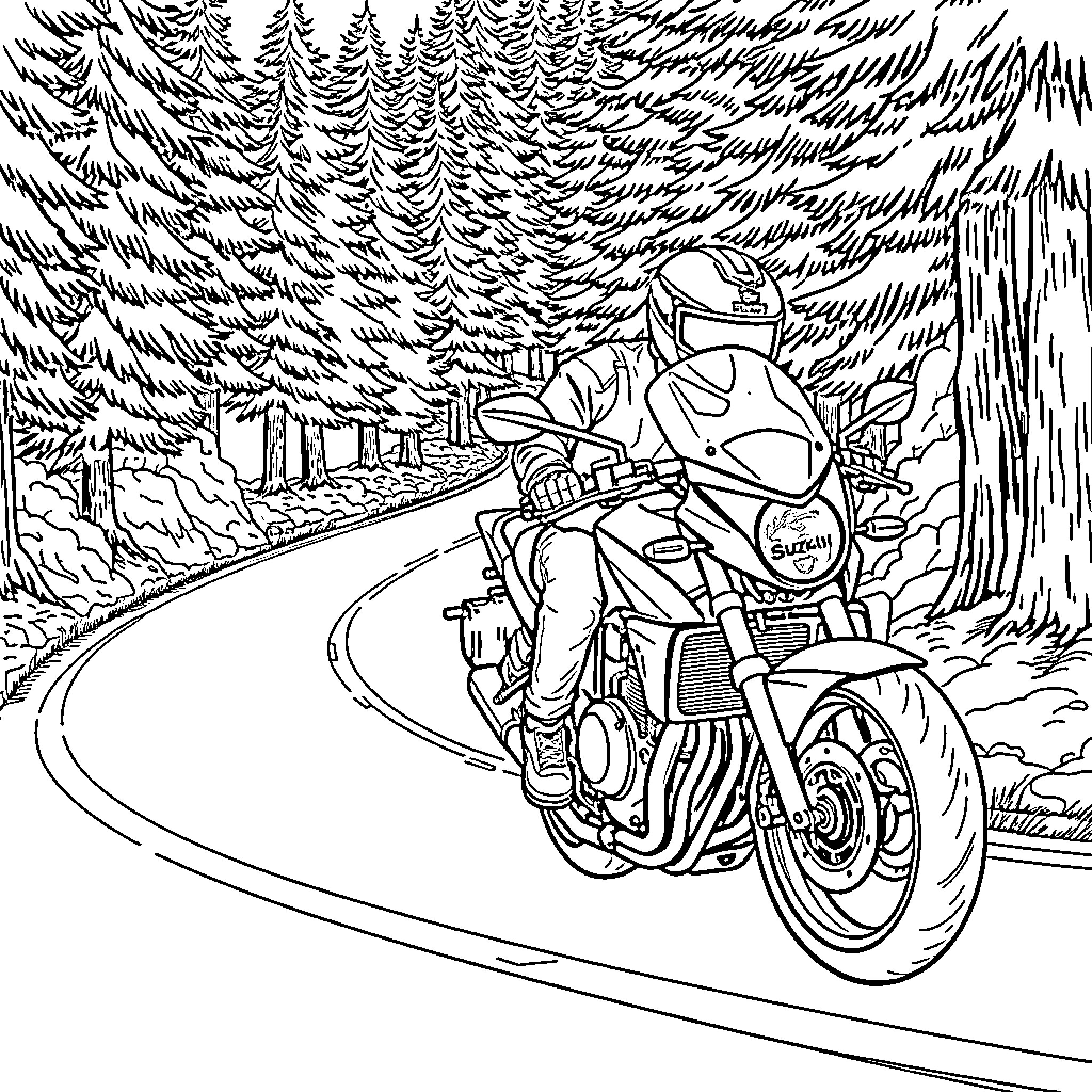 Suzuki motorcyclist navigates winding road in forest Coloring Page (free black-and-white line drawing printable PDF for all, from beginners to advanced learners, including children, teens, adults, and seniors)