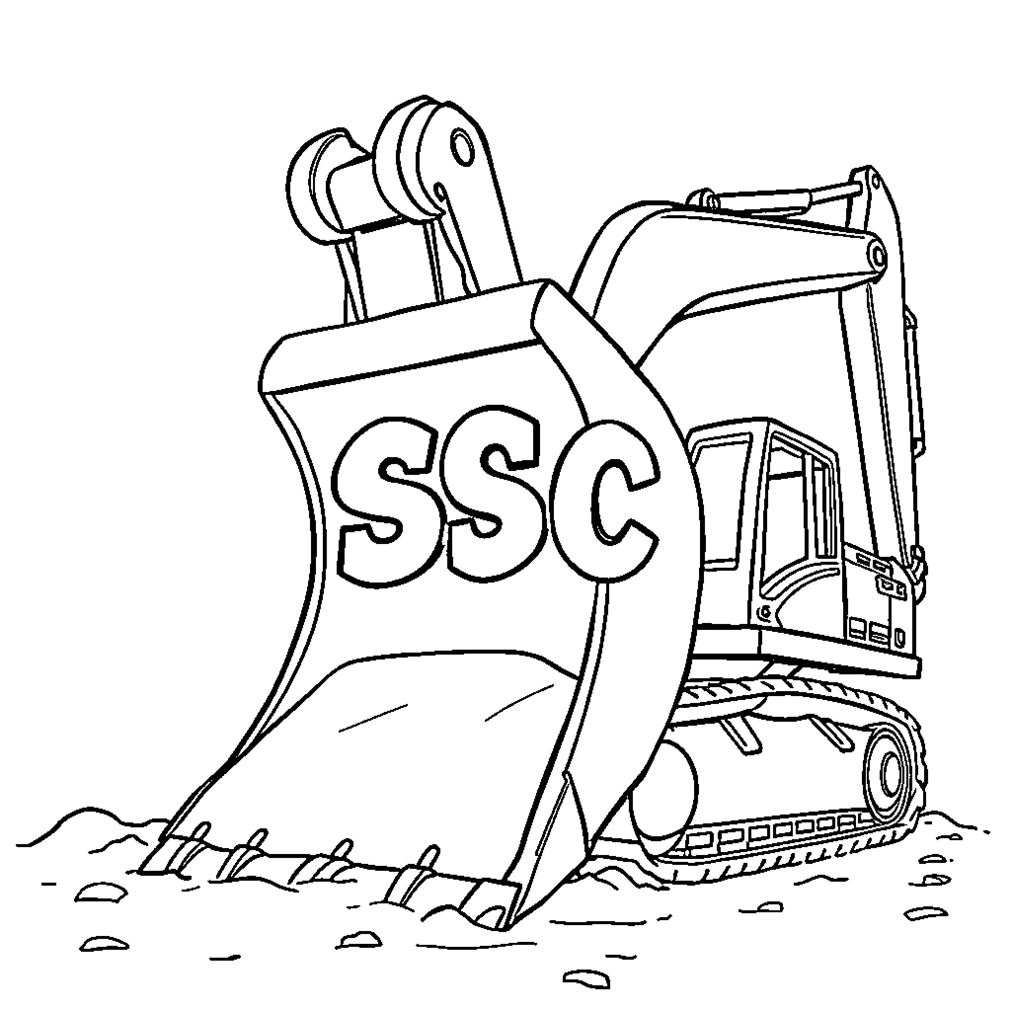 Excavator digging and shoveling on construction site Coloring Page (free black-and-white line drawing printable PDF for all, from beginners to advanced learners, including children, teens, adults, and seniors)