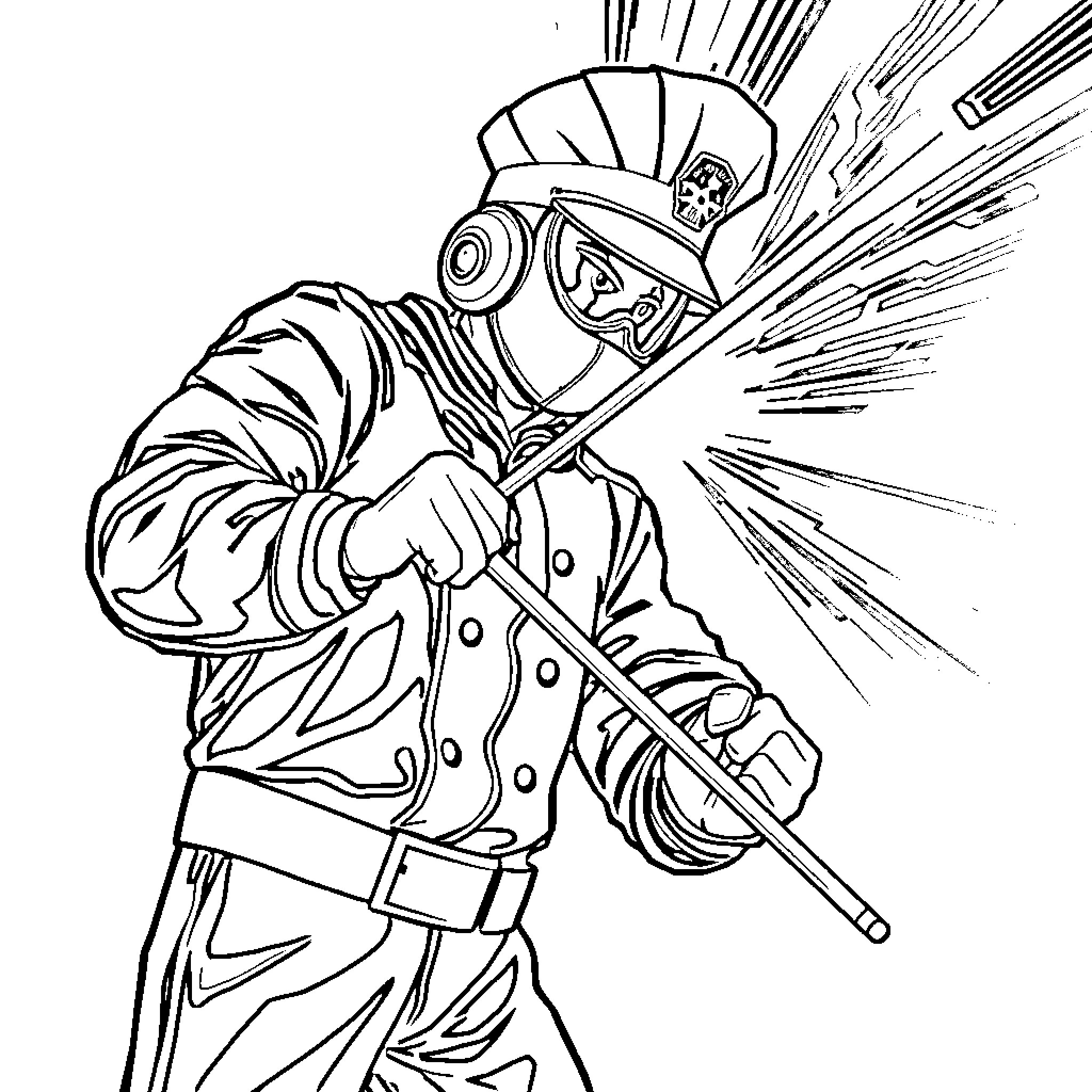 Firefighter spraying water with urgency Coloring Page (free black-and-white line drawing printable PDF for all, from beginners to advanced learners, including children, teens, adults, and seniors)
