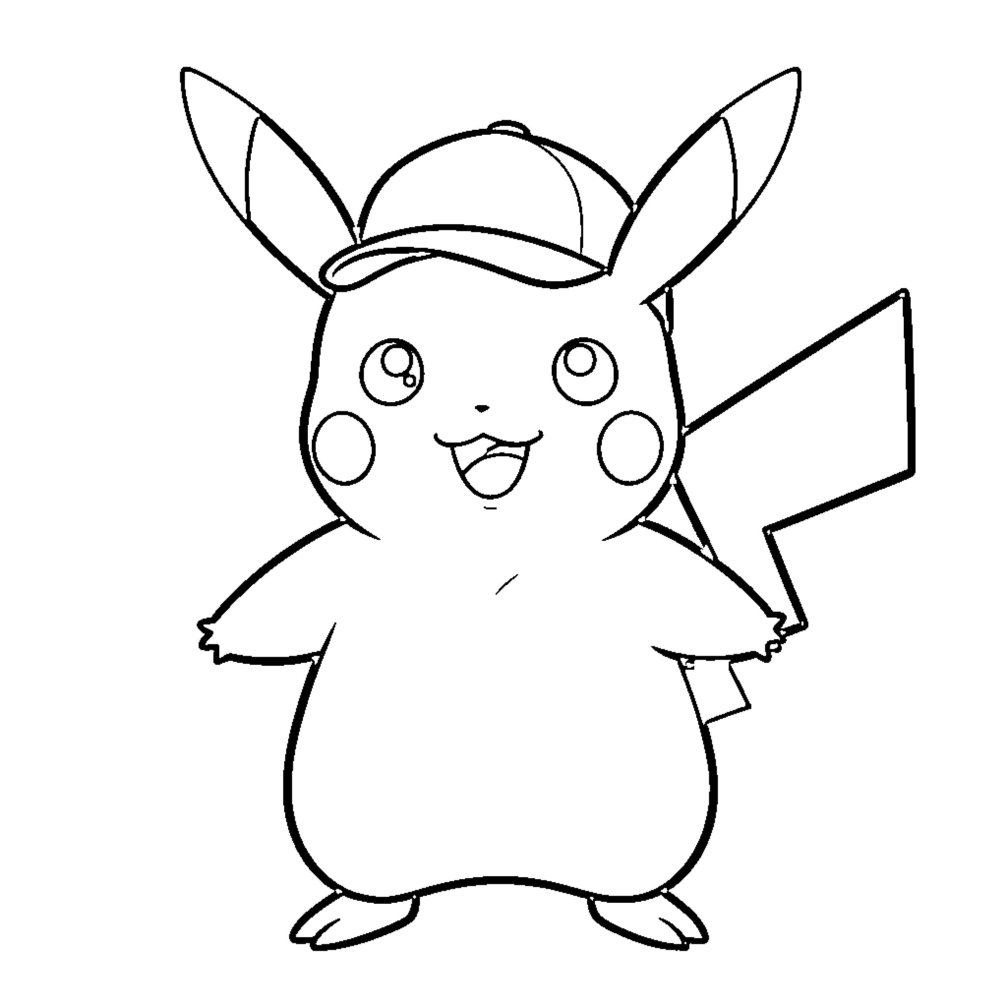 Pikachu wearing a cap and smiling happily Coloring Page (free black-and-white line drawing printable PDF for all, from beginners to advanced learners, including children, teens, adults, and seniors)