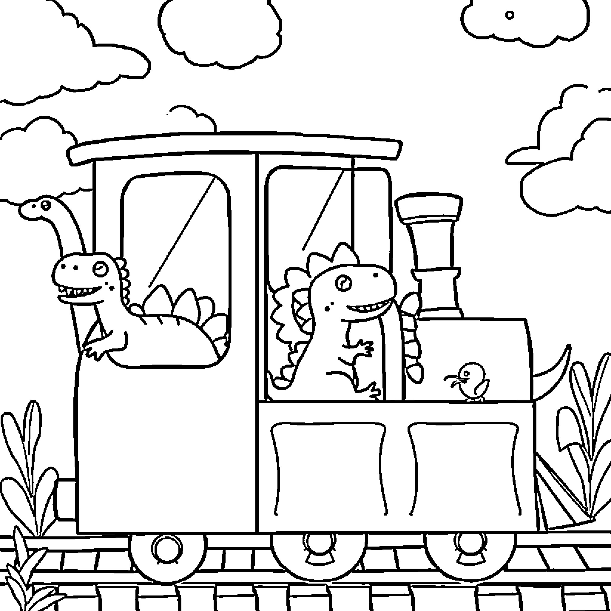 Dinosaur friends ride the train through the clouds Coloring Page (free black-and-white line drawing printable PDF for all, from beginners to advanced learners, including children, teens, adults, and seniors)