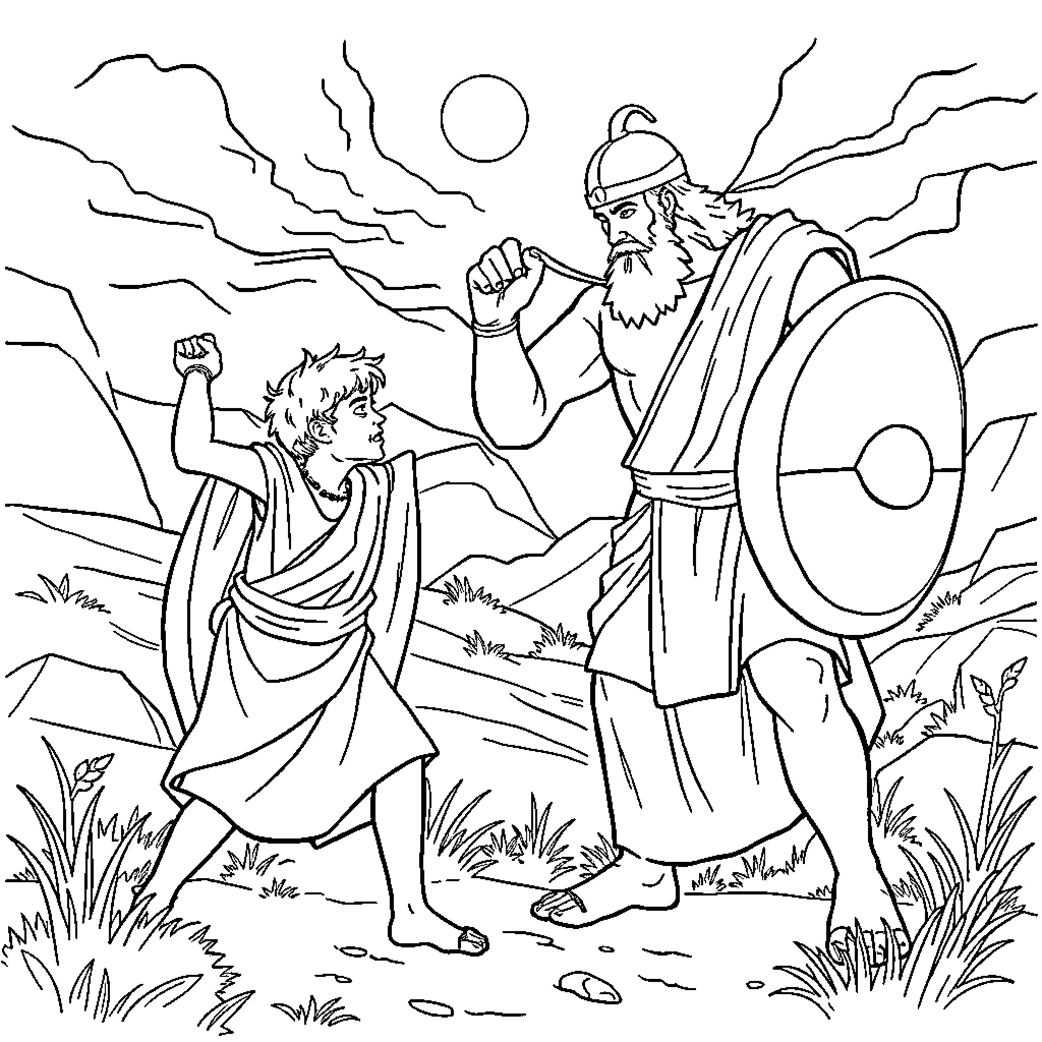 David Defeating Goliath in Battle Coloring Page (free black-and-white line drawing printable PDF for all, from beginners to advanced learners, including children, teens, adults, and seniors)