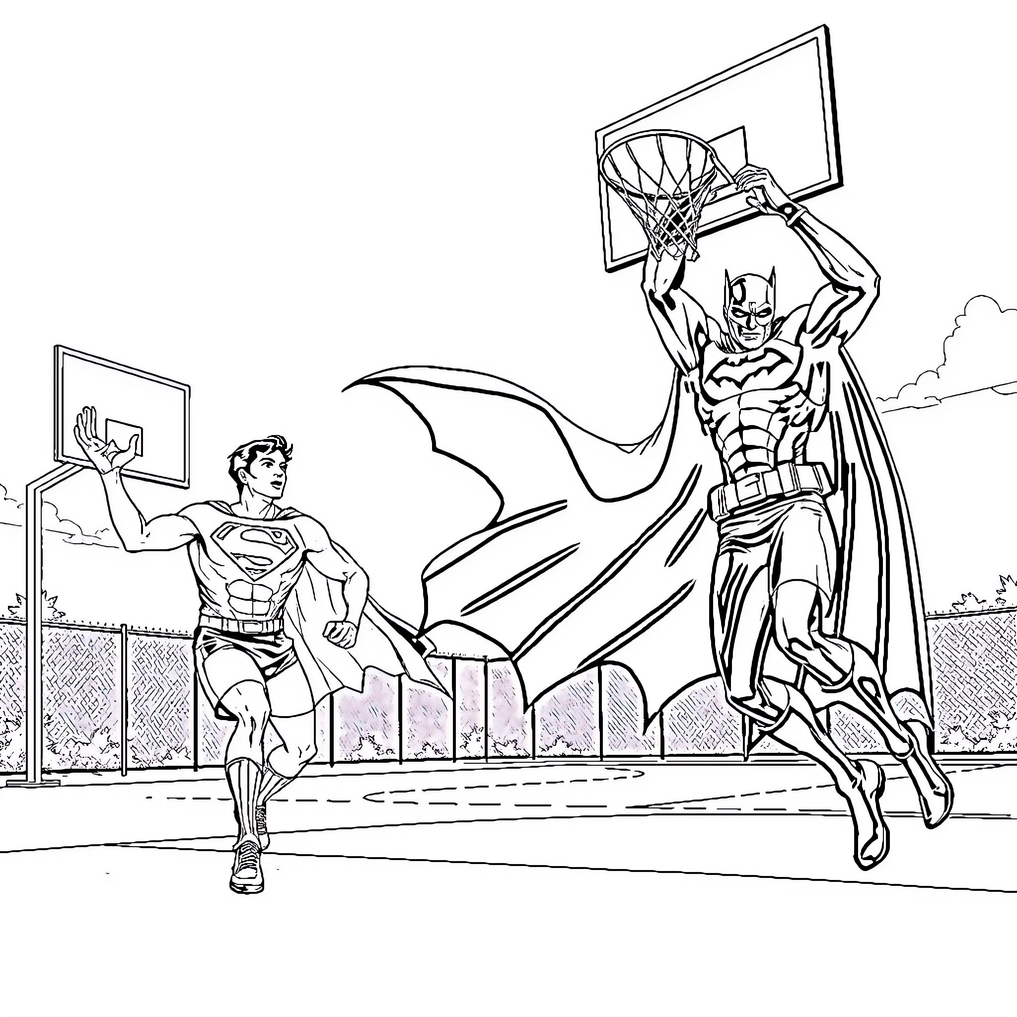 Superman playing basketball with villain Coloring Page (free black-and-white line drawing printable PDF for all, from beginners to advanced learners, including children, teens, adults, and seniors)