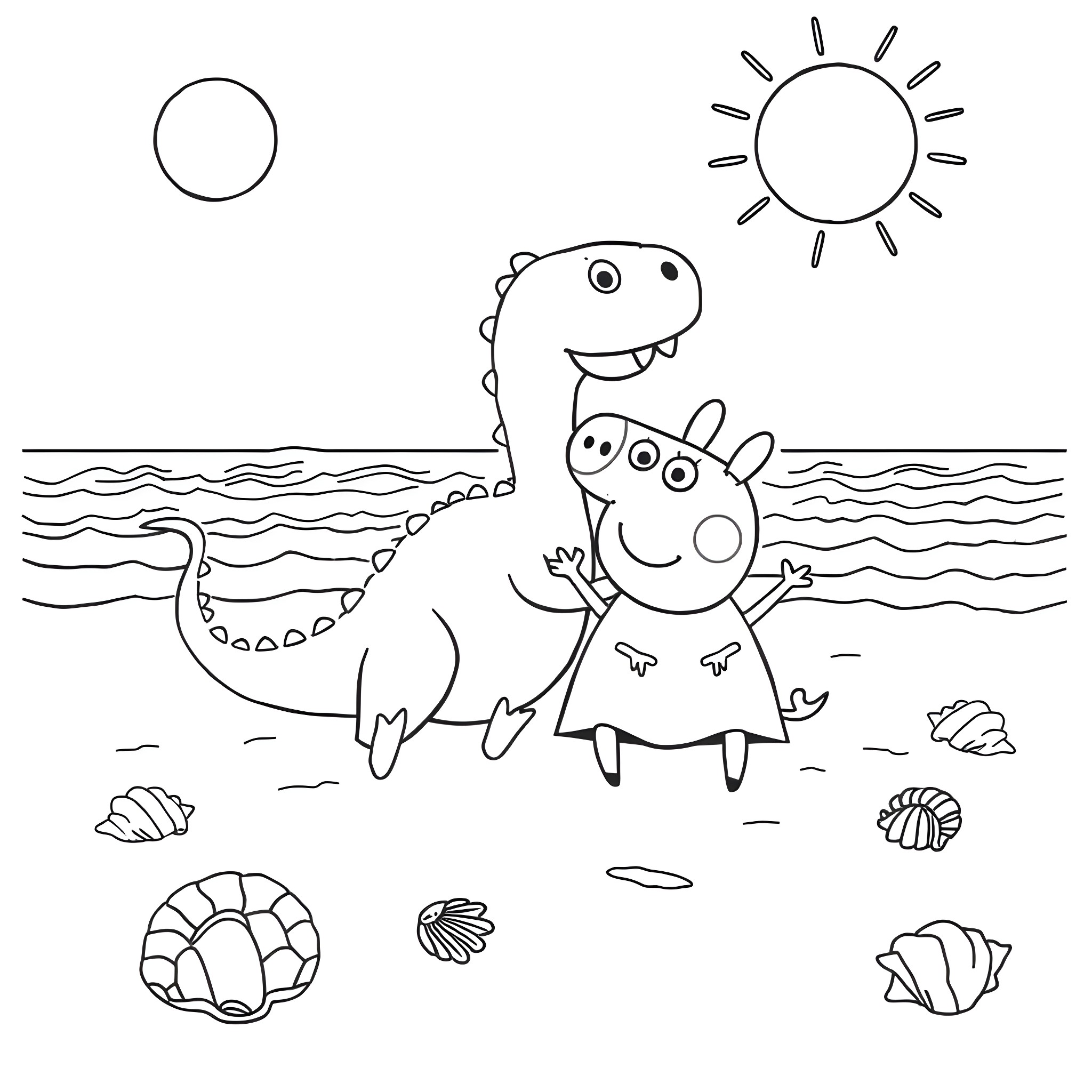 Dinosaur friends playing on the beach Coloring Page (free black-and-white line drawing printable PDF for all, from beginners to advanced learners, including children, teens, adults, and seniors)