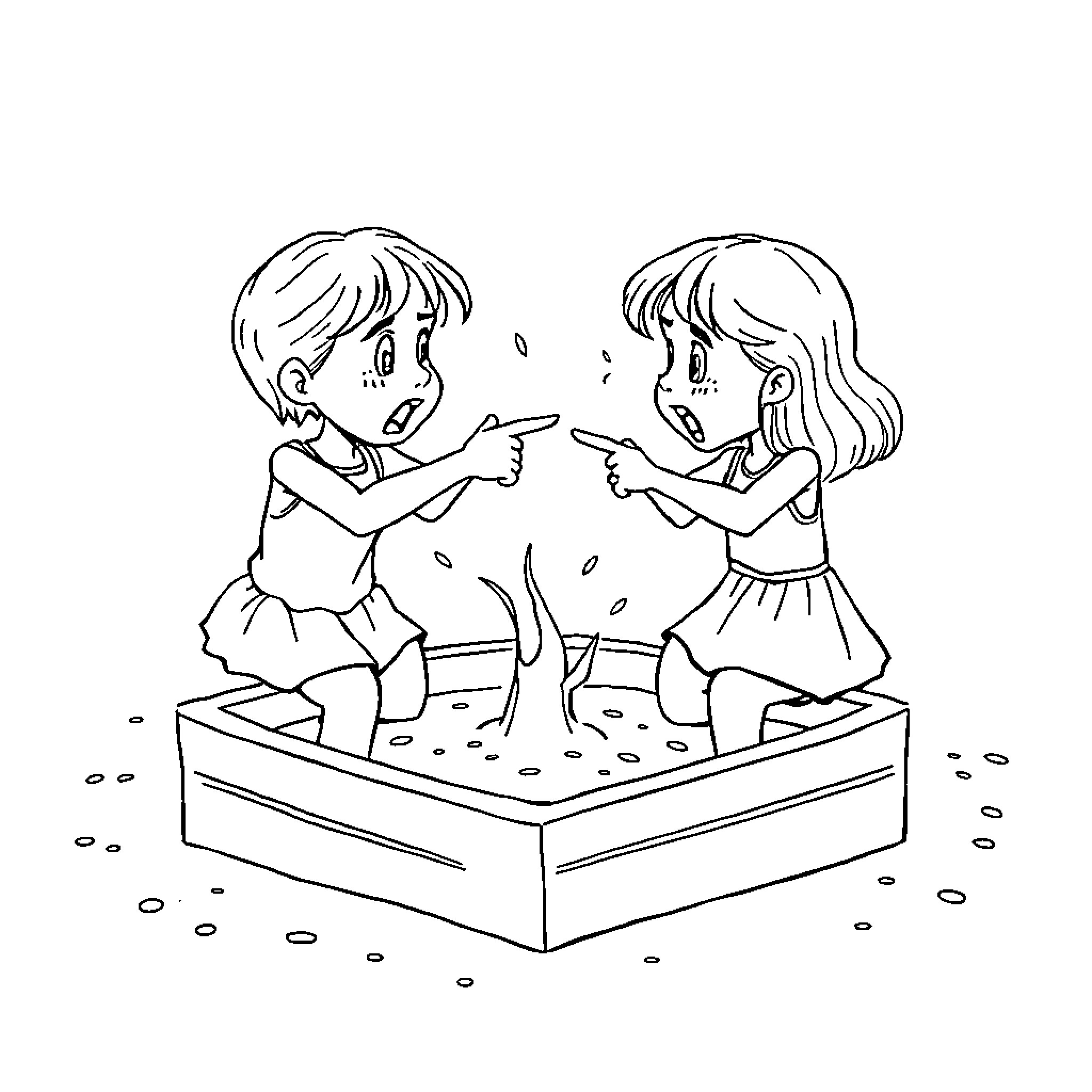 Sister arguing playfully in sandbox Coloring Page (free black-and-white line drawing printable PDF for all, from beginners to advanced learners, including children, teens, adults, and seniors)