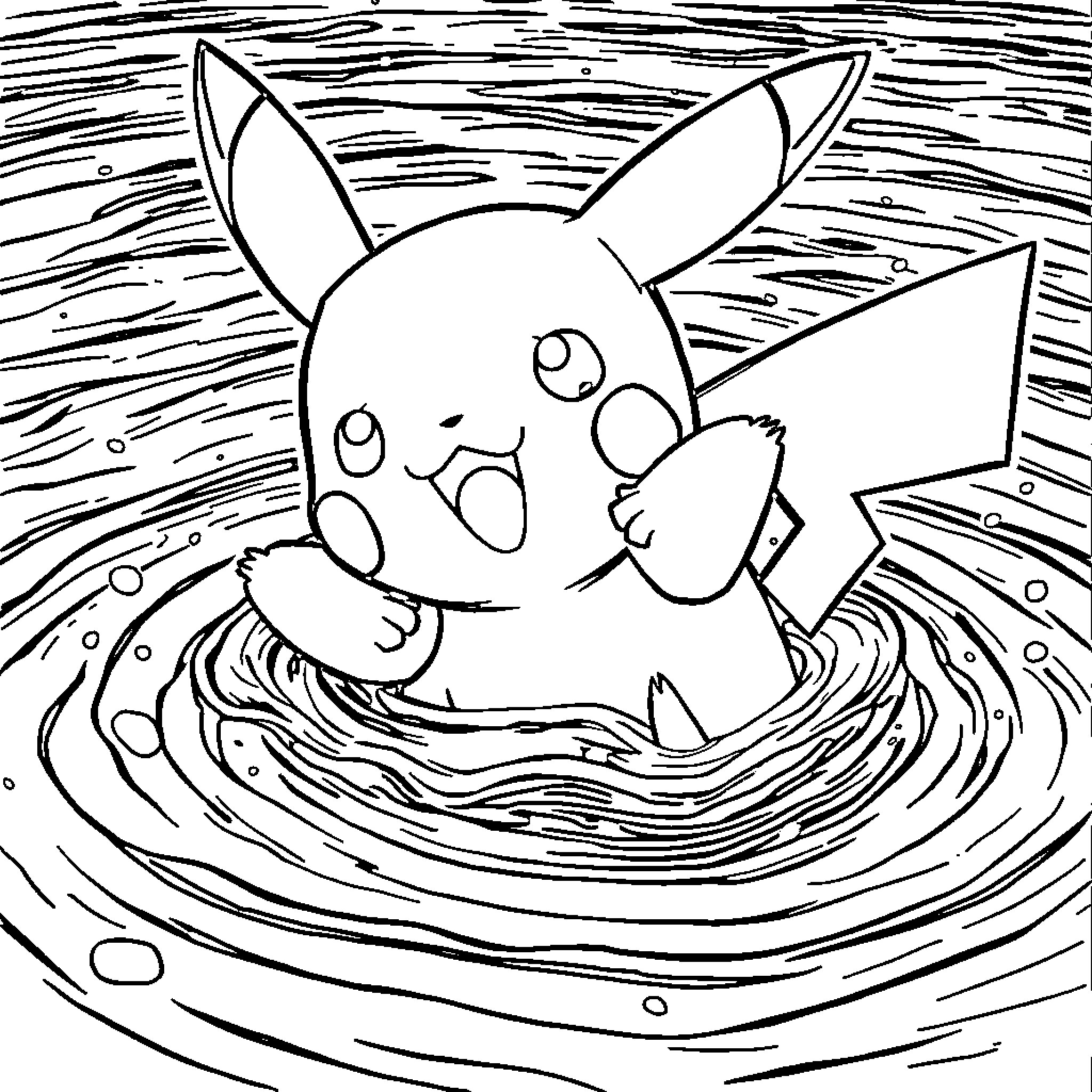 Pikachu splashing joyfully in the water Coloring Page (free black-and-white line drawing printable PDF for all, from beginners to advanced learners, including children, teens, adults, and seniors)