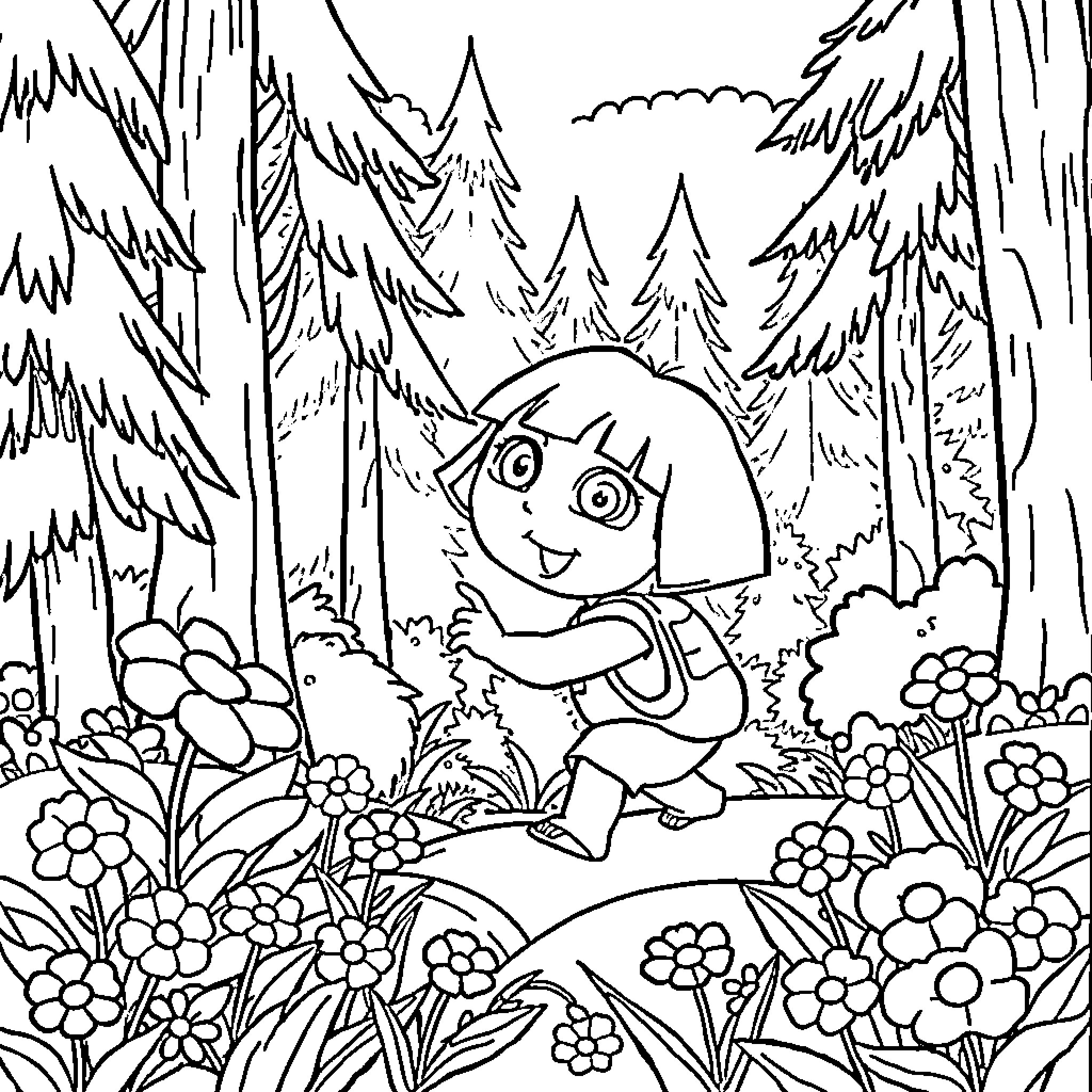 Dora's Woodland Adventure Coloring Page (free black-and-white line drawing printable PDF for all, from beginners to advanced learners, including children, teens, adults, and seniors)