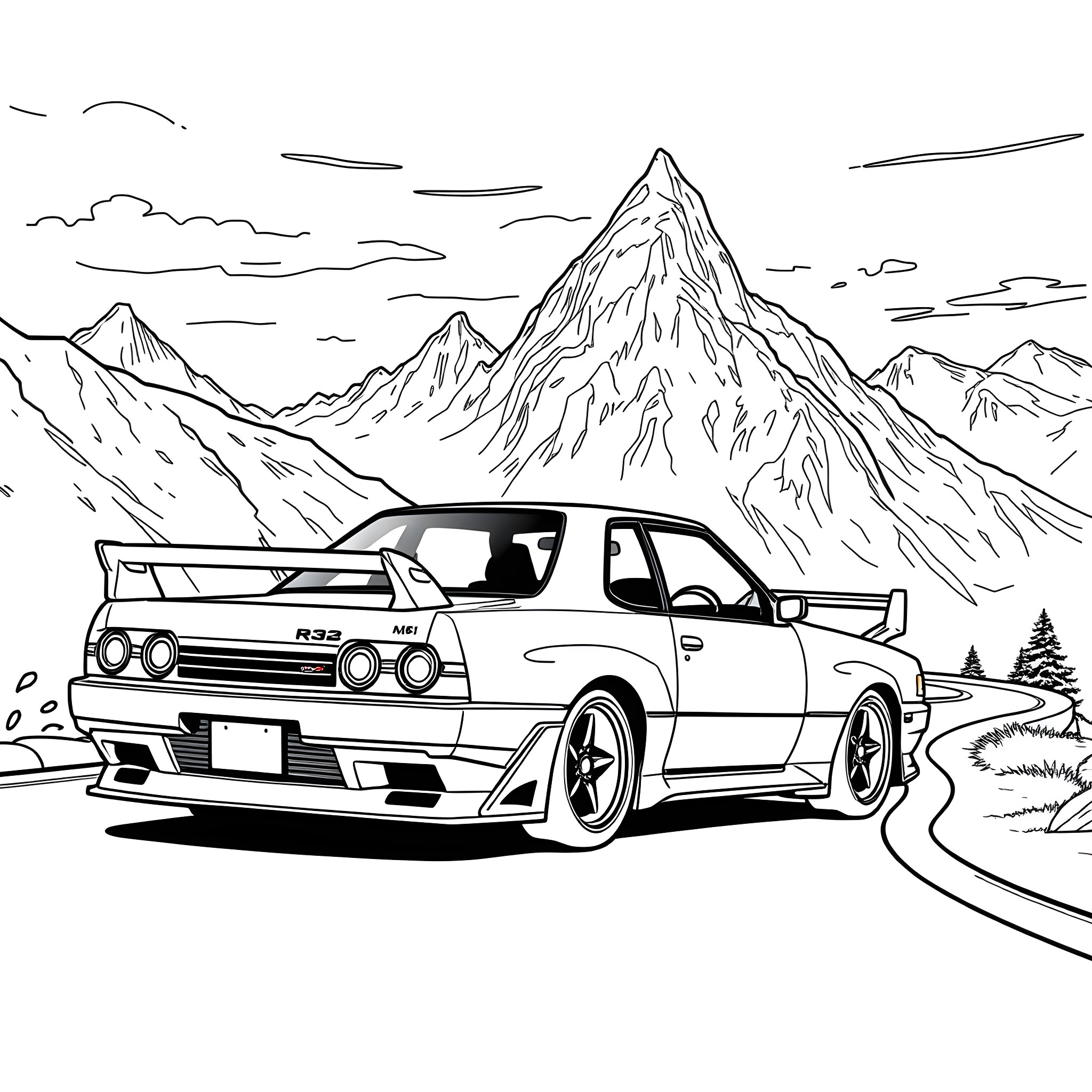Nissan sports car speeding through mountainous landscape Coloring Page (free black-and-white line drawing printable PDF for all, from beginners to advanced learners, including children, teens, adults, and seniors)