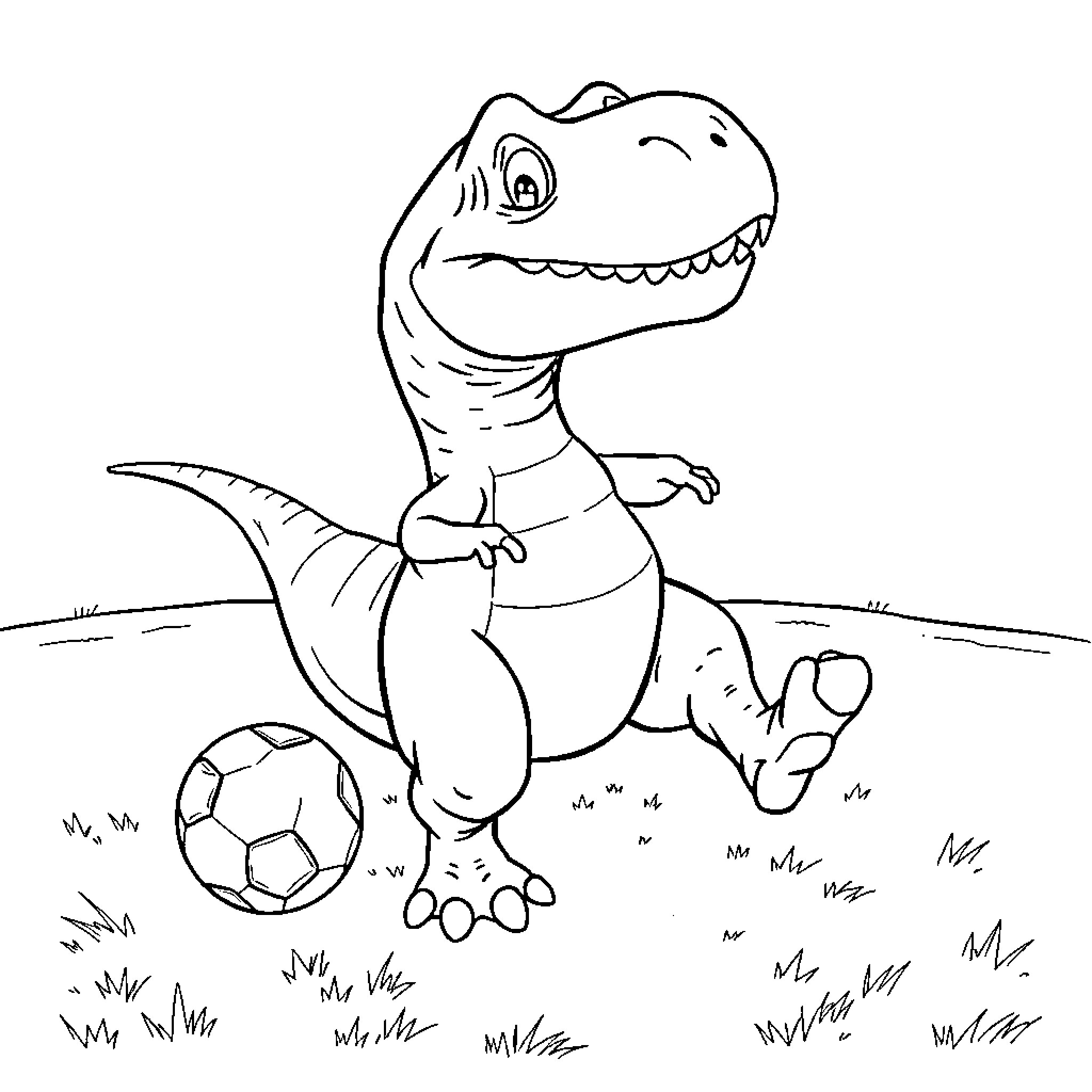 T-Rex Playing Joyfully with Soccer Ball Coloring Page (free black-and-white line drawing printable PDF for all, from beginners to advanced learners, including children, teens, adults, and seniors)