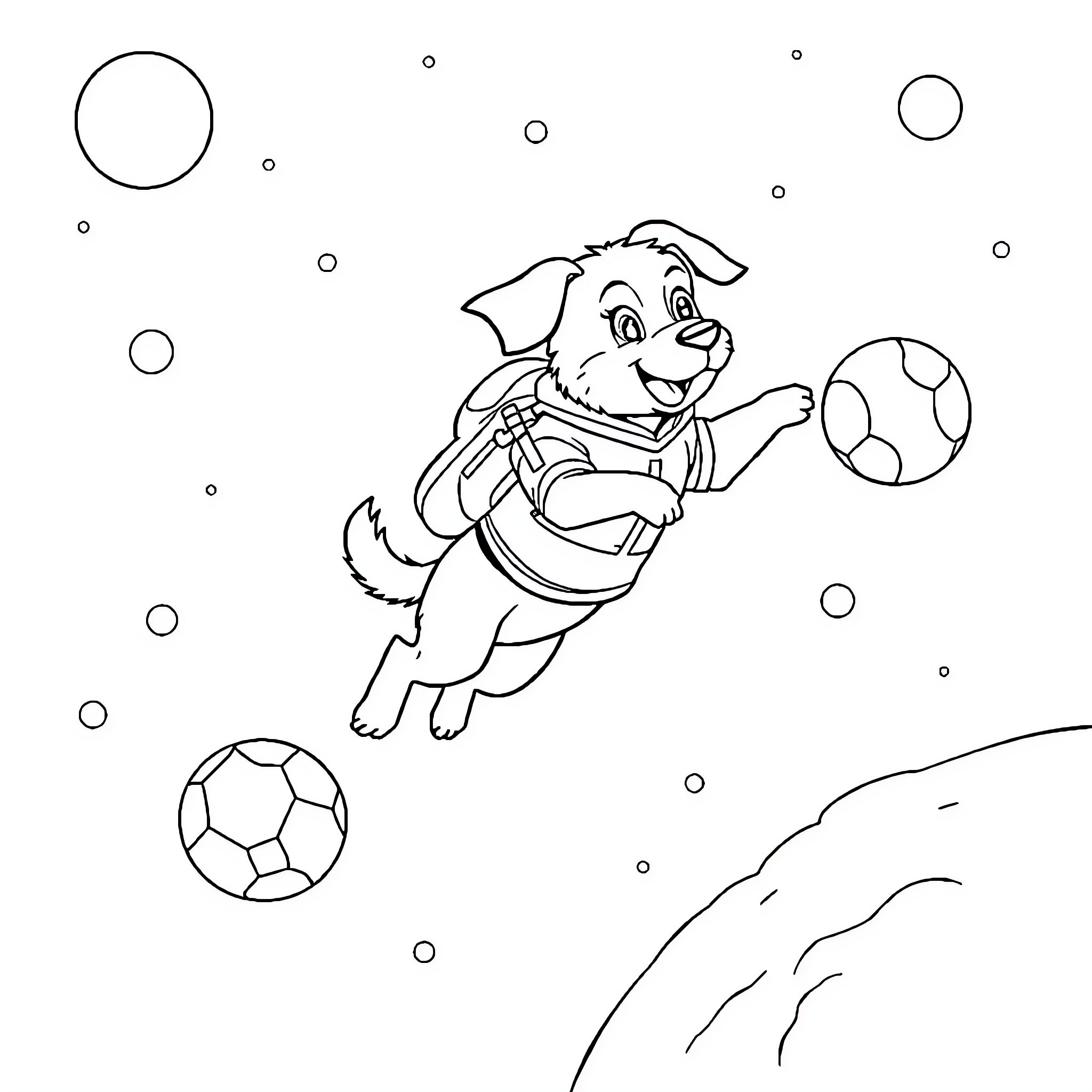 Dog playing joyfully with soccer balls Coloring Page (free black-and-white line drawing printable PDF for all, from beginners to advanced learners, including children, teens, adults, and seniors)