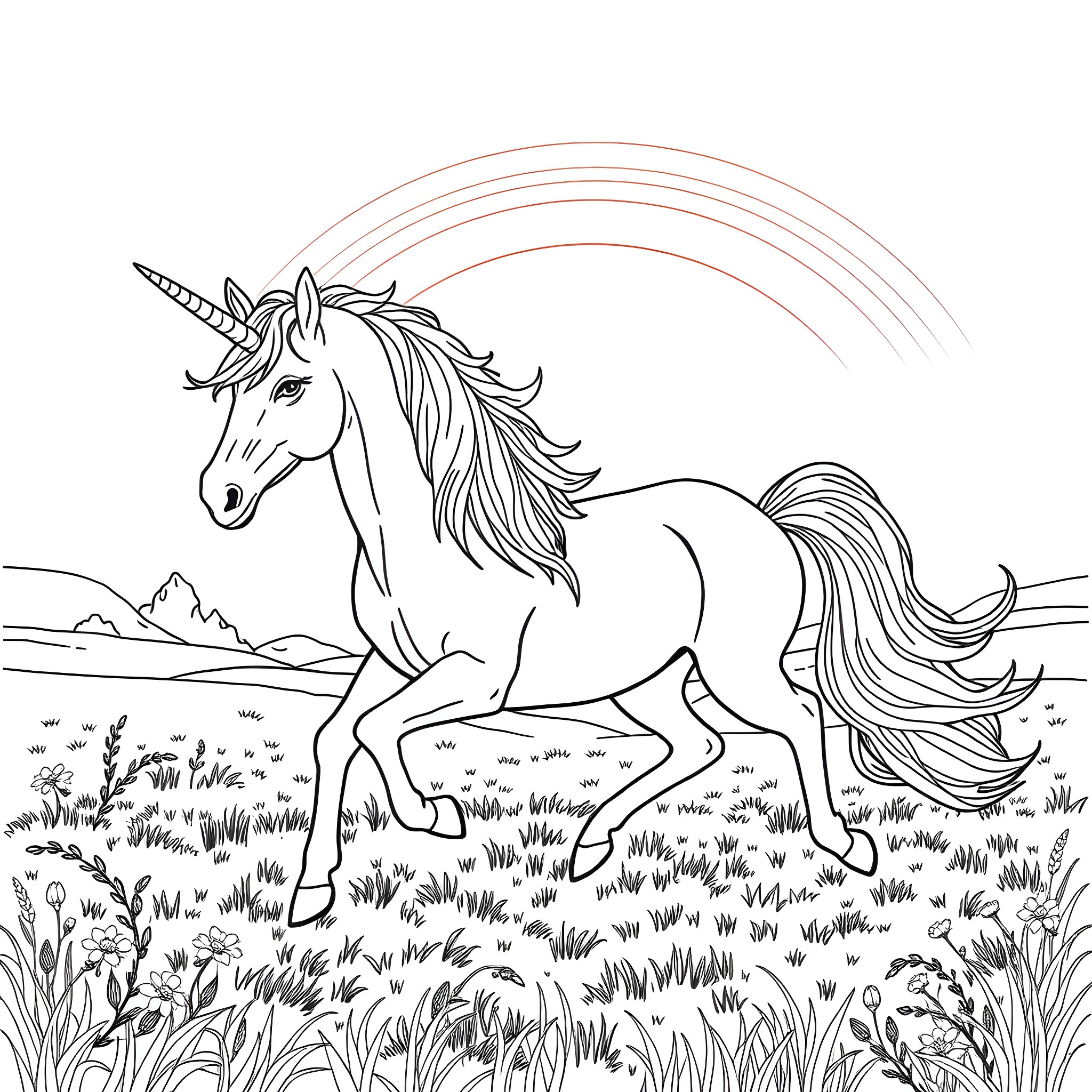 Unicorn gracefully galloping through enchanted meadow Coloring Page (free black-and-white line drawing printable PDF for all, from beginners to advanced learners, including children, teens, adults, and seniors)