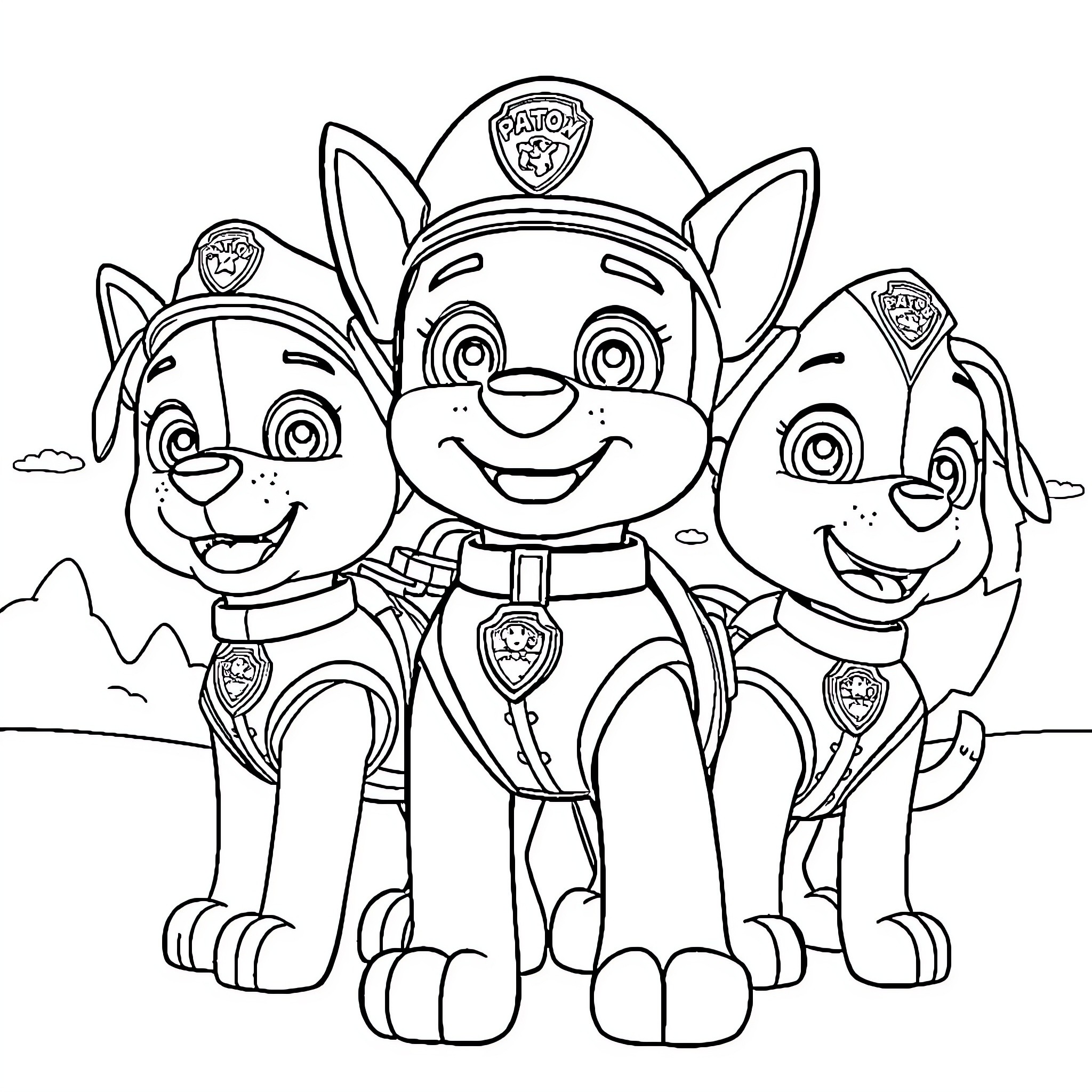 Paw Patrol team in action poses Coloring Page (free black-and-white line drawing printable PDF for all, from beginners to advanced learners, including children, teens, adults, and seniors)