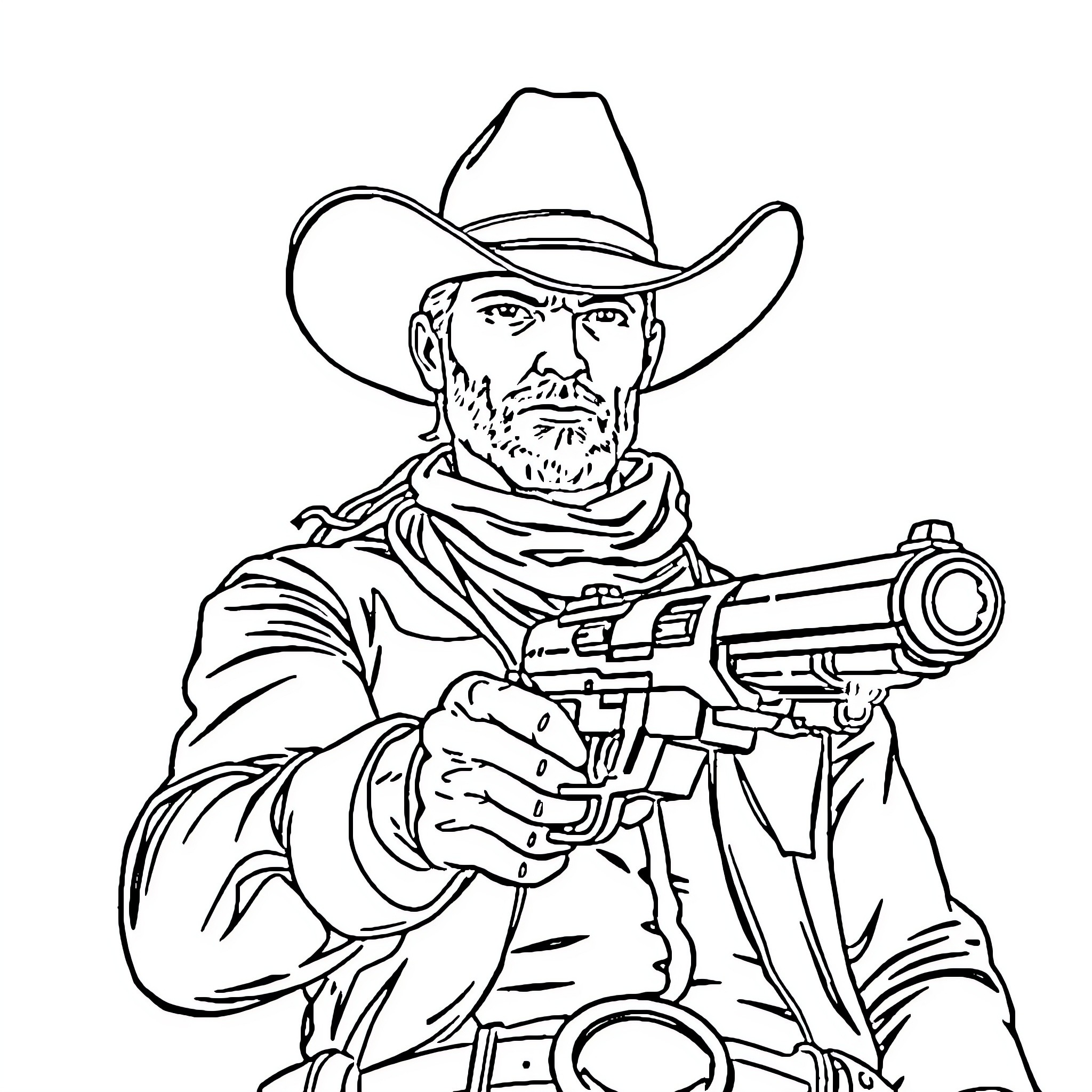 Cowboy with Determined Expression Holding Revolver Coloring Page (free black-and-white line drawing printable PDF for all, from beginners to advanced learners, including children, teens, adults, and seniors)