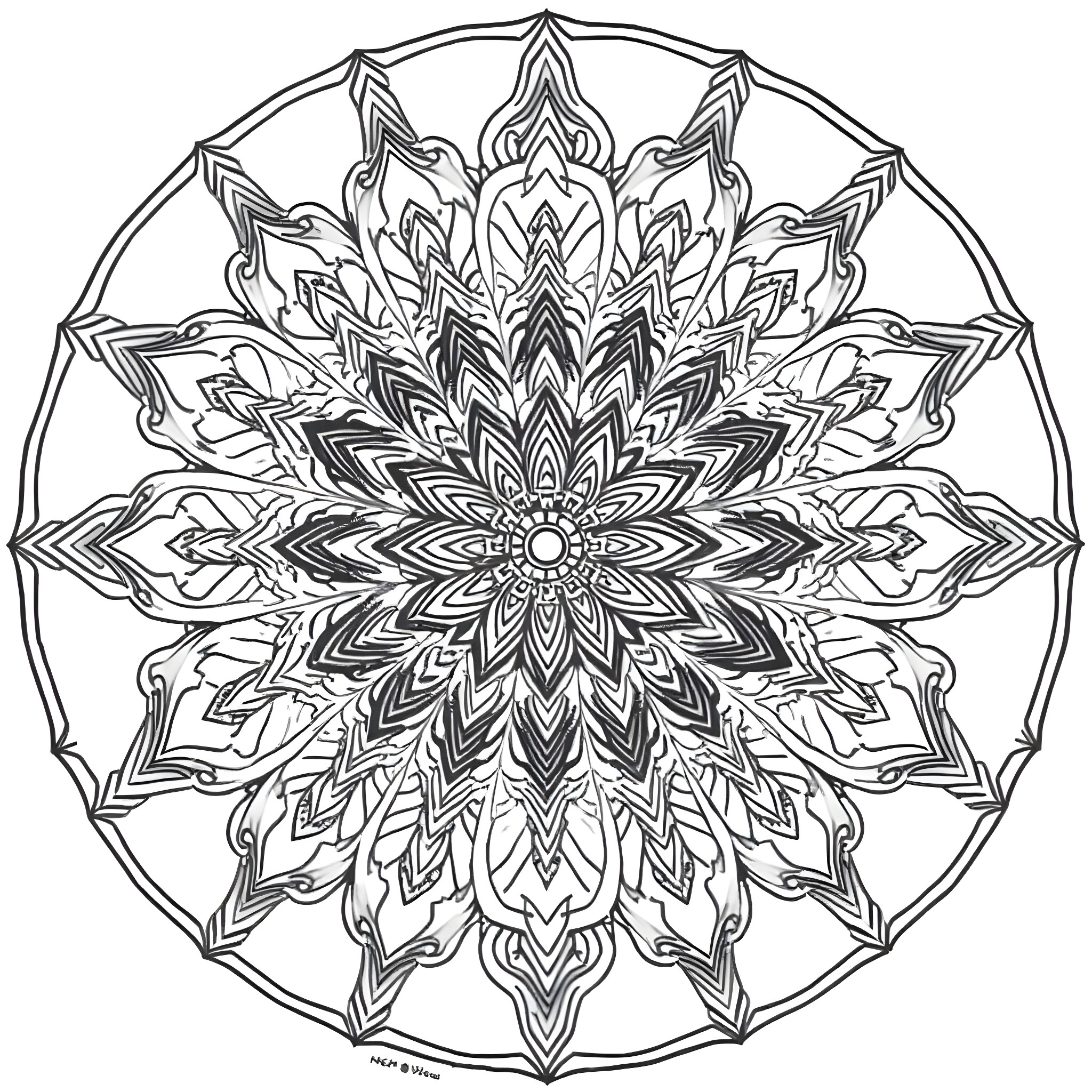 Flower Mandala Artwork Coloring Page (free black-and-white line drawing printable PDF for all, from beginners to advanced learners, including children, teens, adults, and seniors)