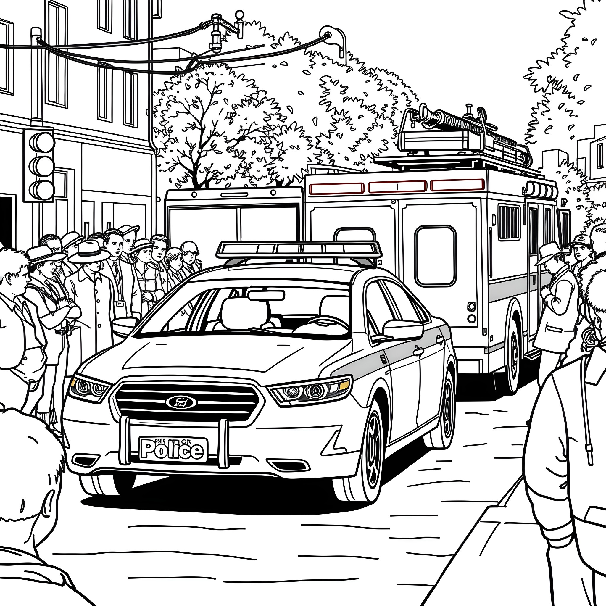 Vehicle in a busy urban scene with emergency personnel Coloring Page (free black-and-white line drawing printable PDF for all, from beginners to advanced learners, including children, teens, adults, and seniors)