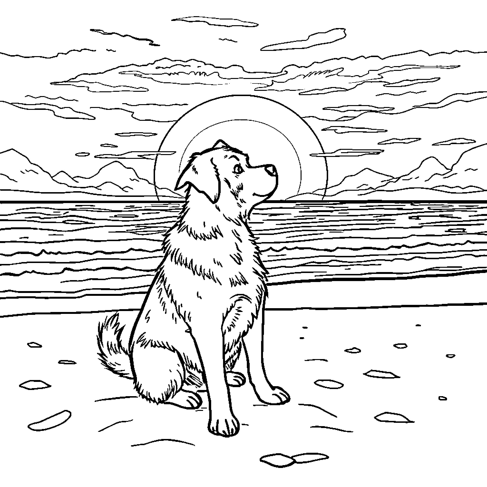 Dog enjoying sunset by the shore Coloring Page (free black-and-white line drawing printable PDF for all, from beginners to advanced learners, including children, teens, adults, and seniors)