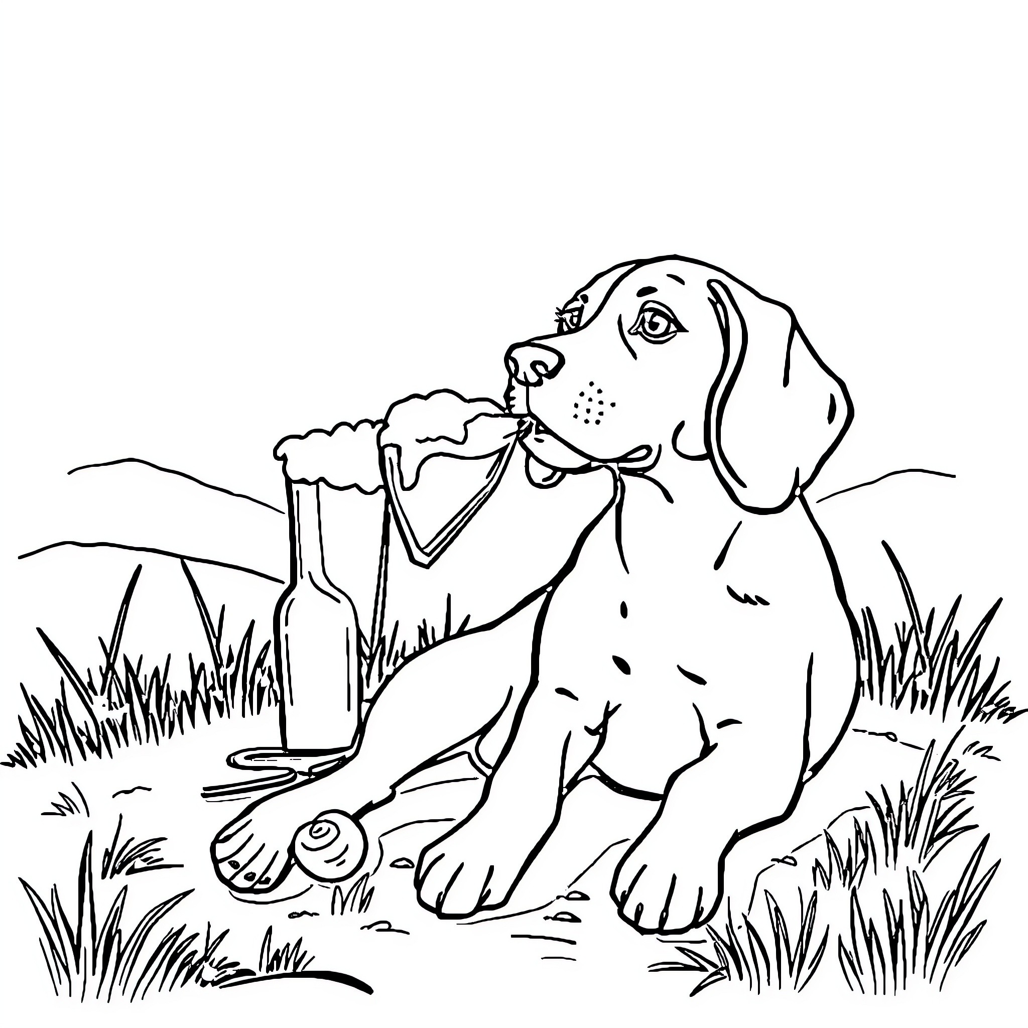 Beagle enjoying a refreshing drink in the park Coloring Page (free black-and-white line drawing printable PDF for all, from beginners to advanced learners, including children, teens, adults, and seniors)