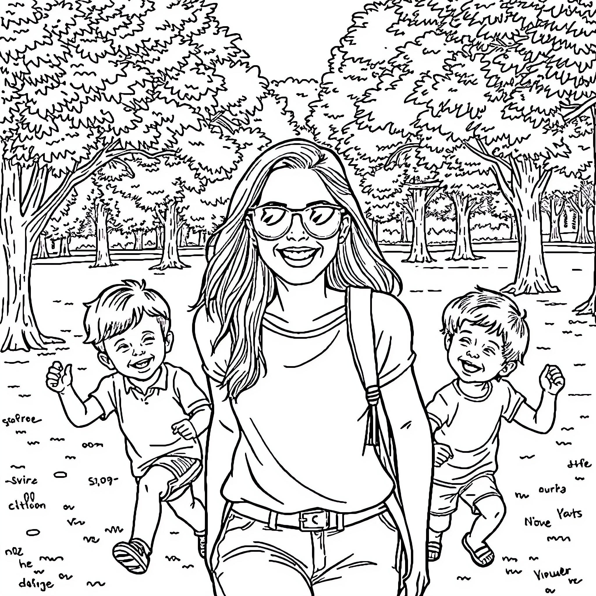 Woman enjoying a day out with her children in the park Coloring Page (free black-and-white line drawing printable PDF for all, from beginners to advanced learners, including children, teens, adults, and seniors)