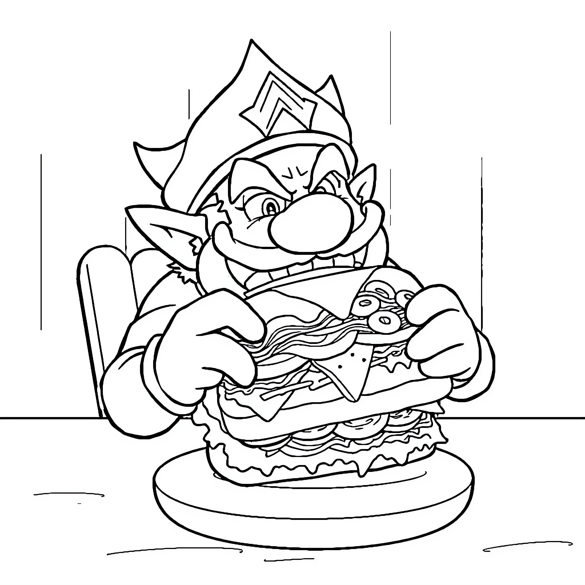 Wario Enjoying a Delightful Burger Coloring Page (free black-and-white line drawing printable PDF for all, from beginners to advanced learners, including children, teens, adults, and seniors)