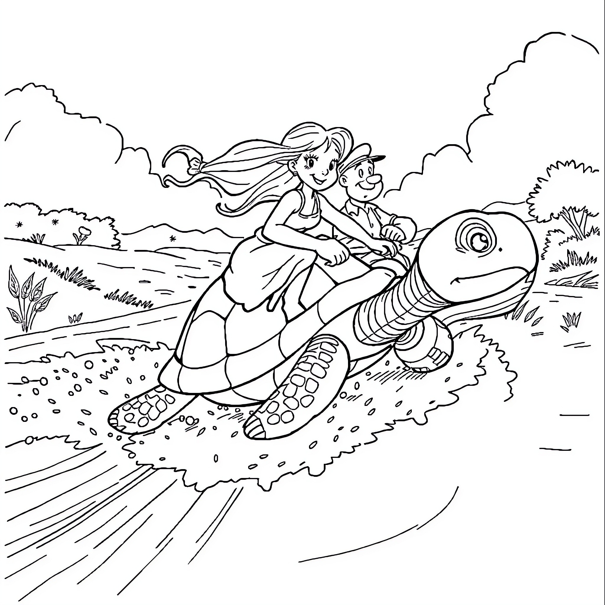Marie's Magical Journey with Fantastical Creature Coloring Page (free black-and-white line drawing printable PDF for all, from beginners to advanced learners, including children, teens, adults, and seniors)