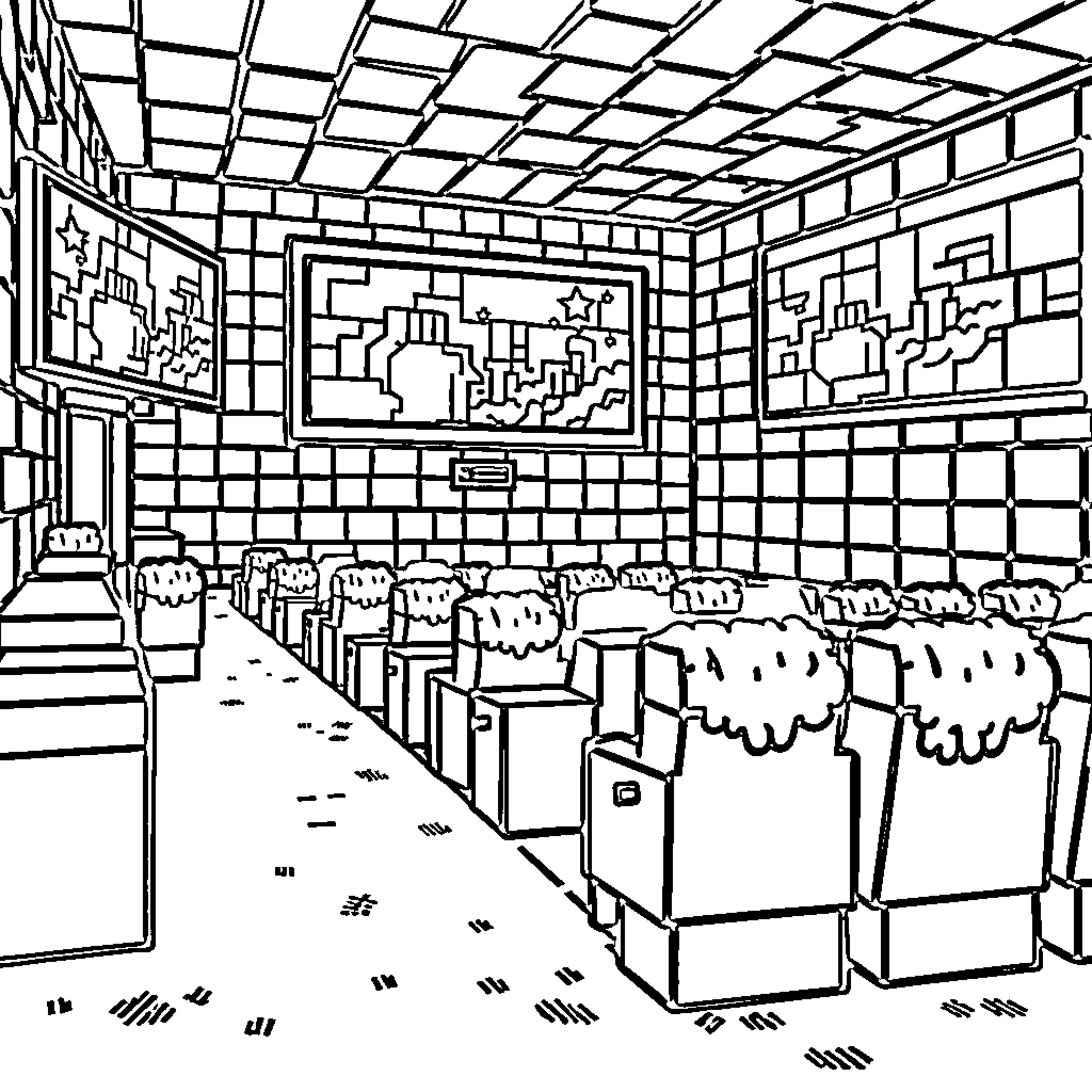 Movie Theater Filled with Seats and Decorative Ceiling Coloring Page (free black-and-white line drawing printable PDF for all, from beginners to advanced learners, including children, teens, adults, and seniors)