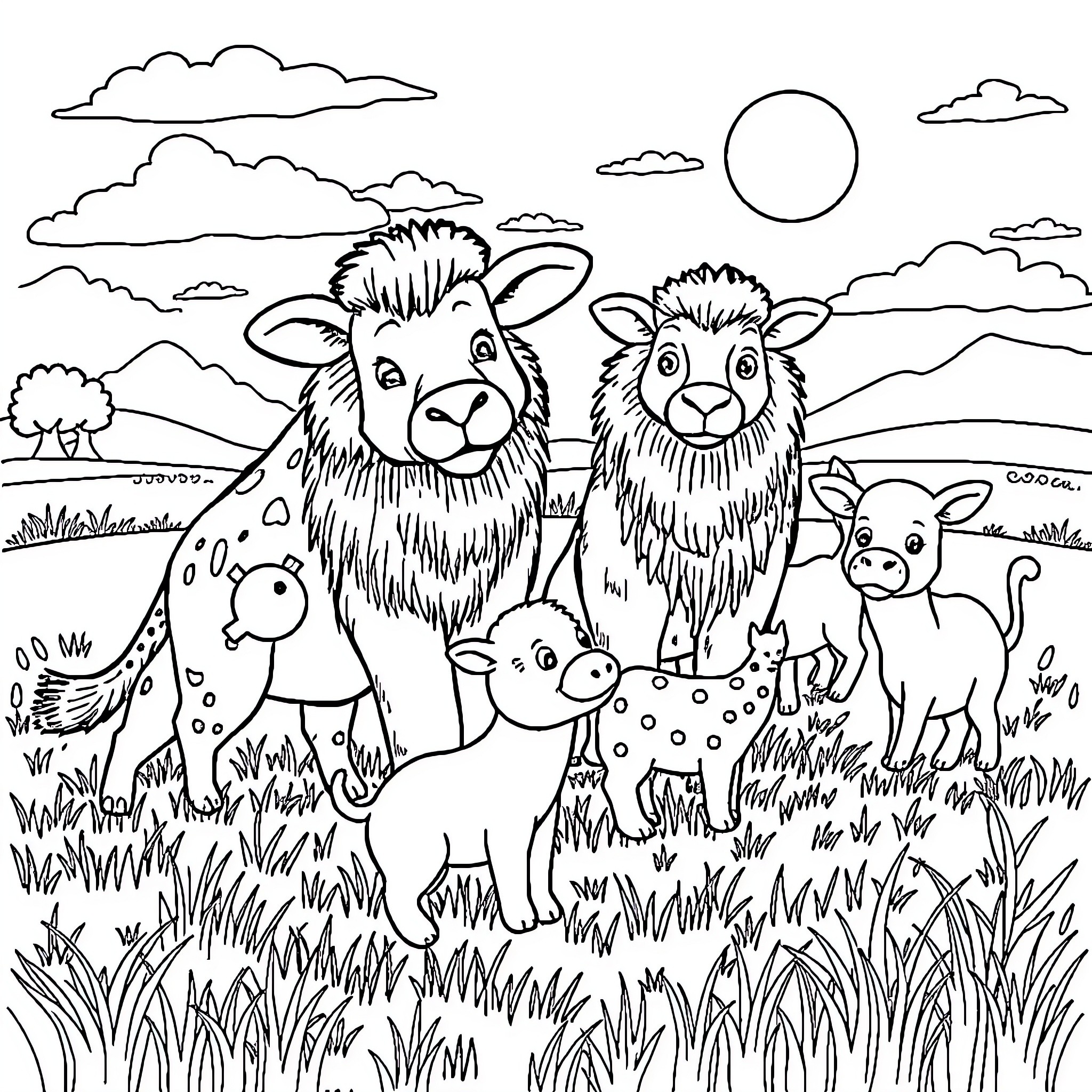 Animal Family Enjoying Peaceful Countryside Scenery Coloring Page (free black-and-white line drawing printable PDF for all, from beginners to advanced learners, including children, teens, adults, and seniors)