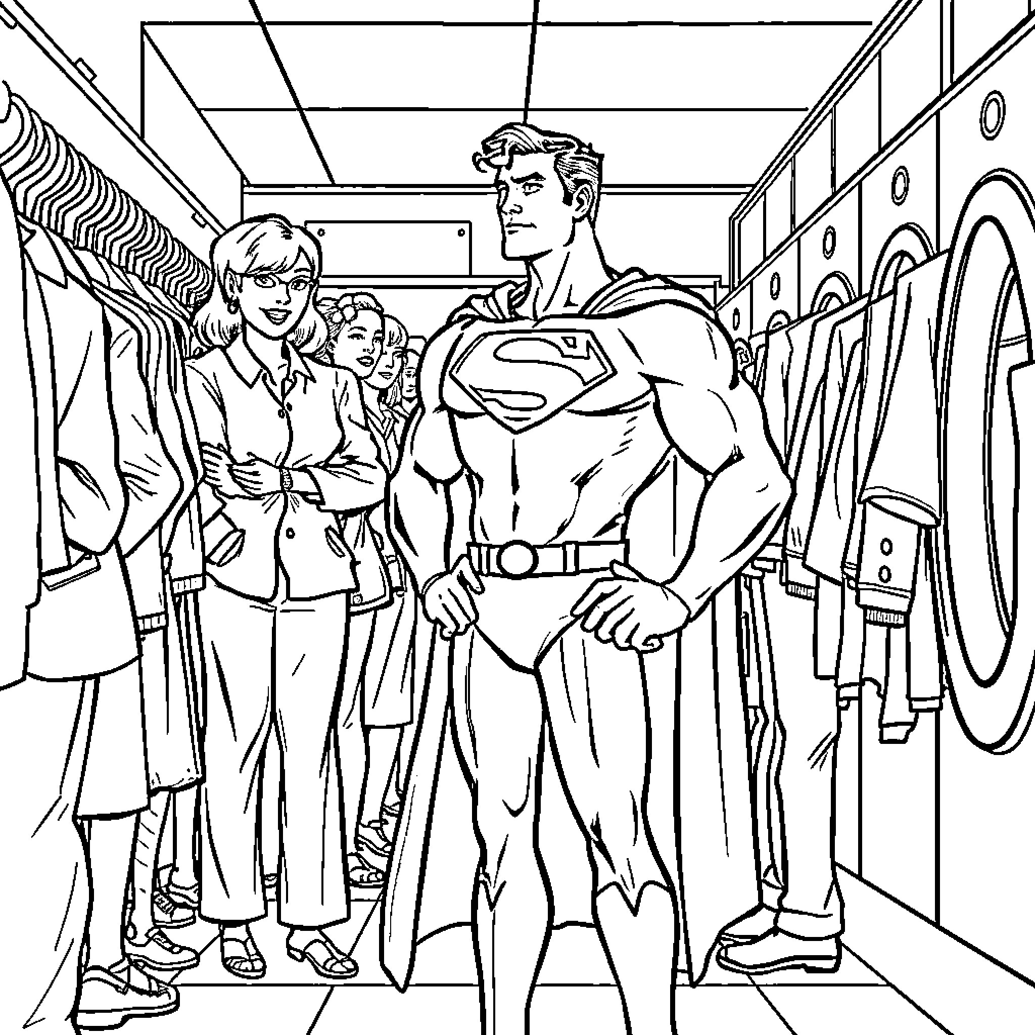 Superman helping people in a clothing store Coloring Page (free black-and-white line drawing printable PDF for all, from beginners to advanced learners, including children, teens, adults, and seniors)