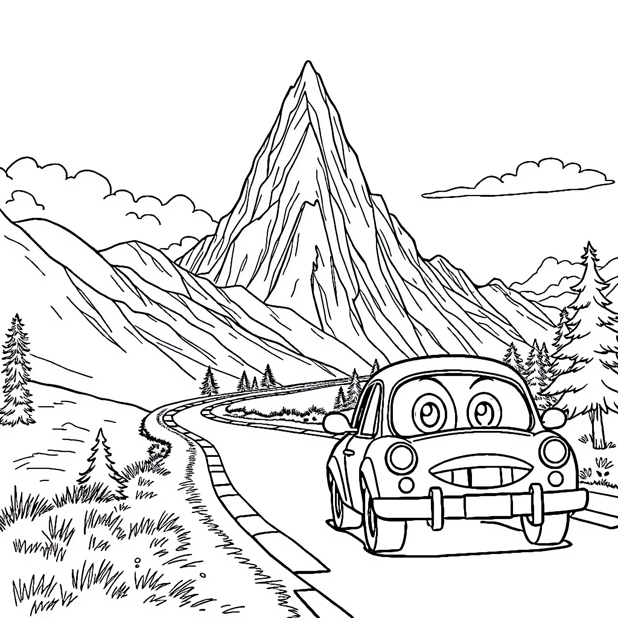 Car driving through scenic mountain landscape Coloring Page (free black-and-white line drawing printable PDF for all, from beginners to advanced learners, including children, teens, adults, and seniors)