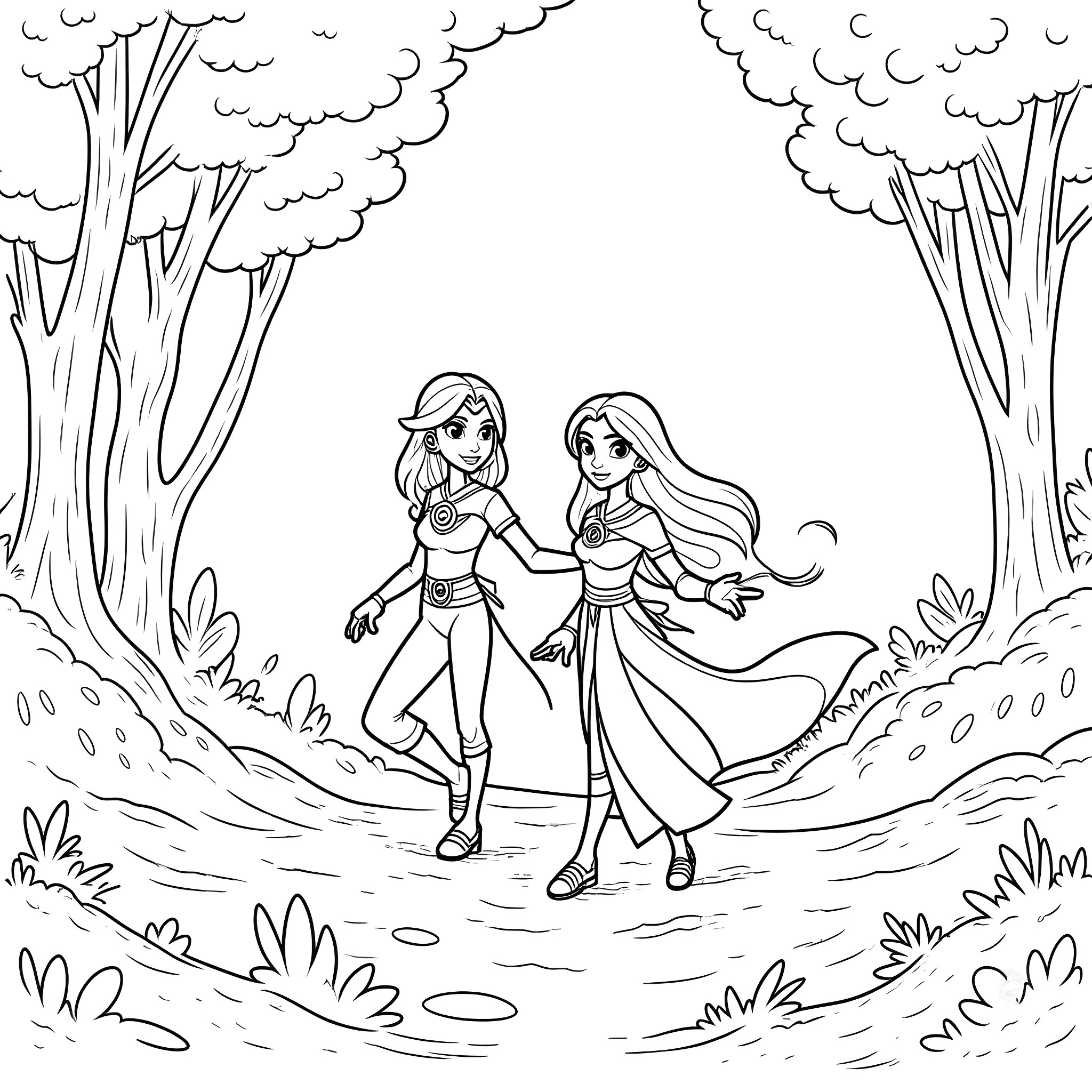 Teen Titans exploring the enchanted forest Coloring Page (free black-and-white line drawing printable PDF for all, from beginners to advanced learners, including children, teens, adults, and seniors)