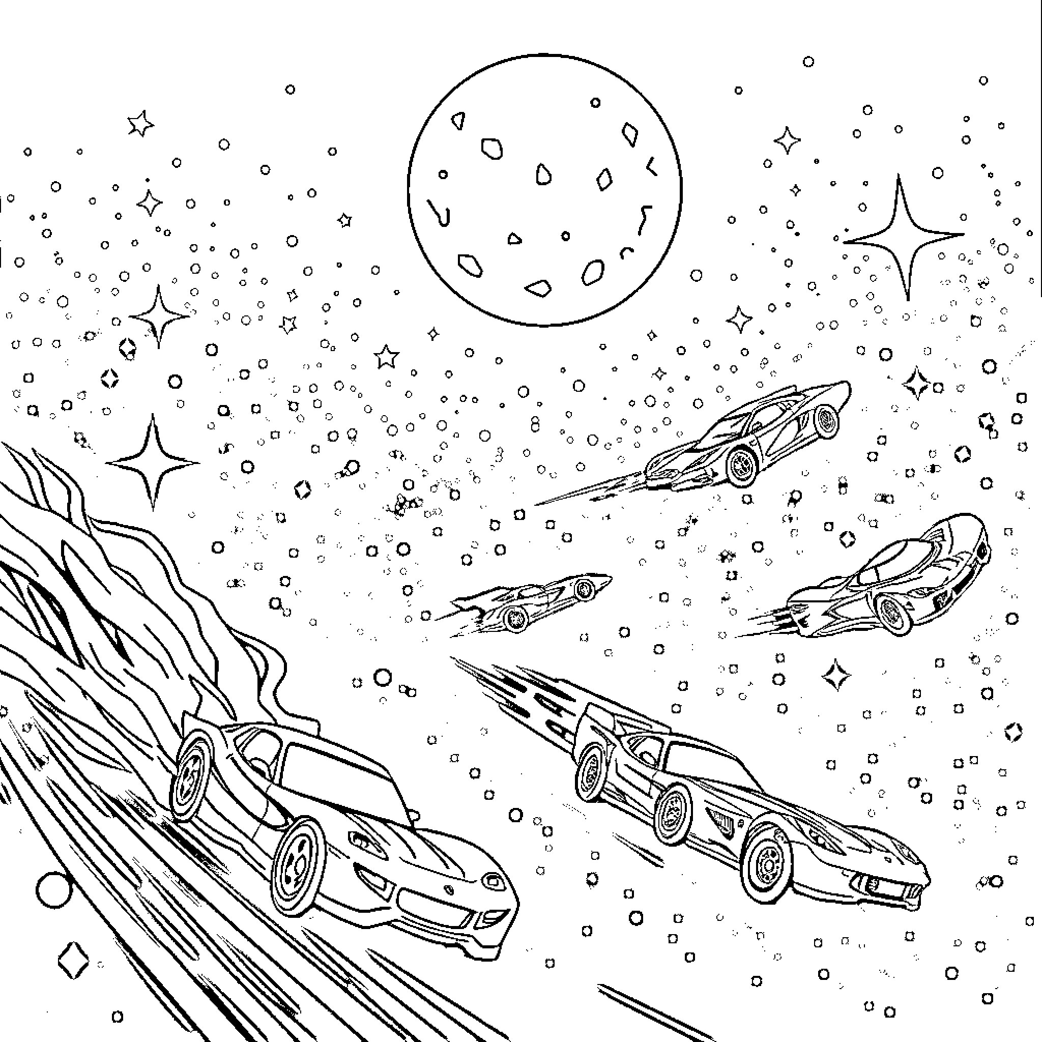Hot Wheels racing through a cosmic landscape Coloring Page (free black-and-white line drawing printable PDF for all, from beginners to advanced learners, including children, teens, adults, and seniors)