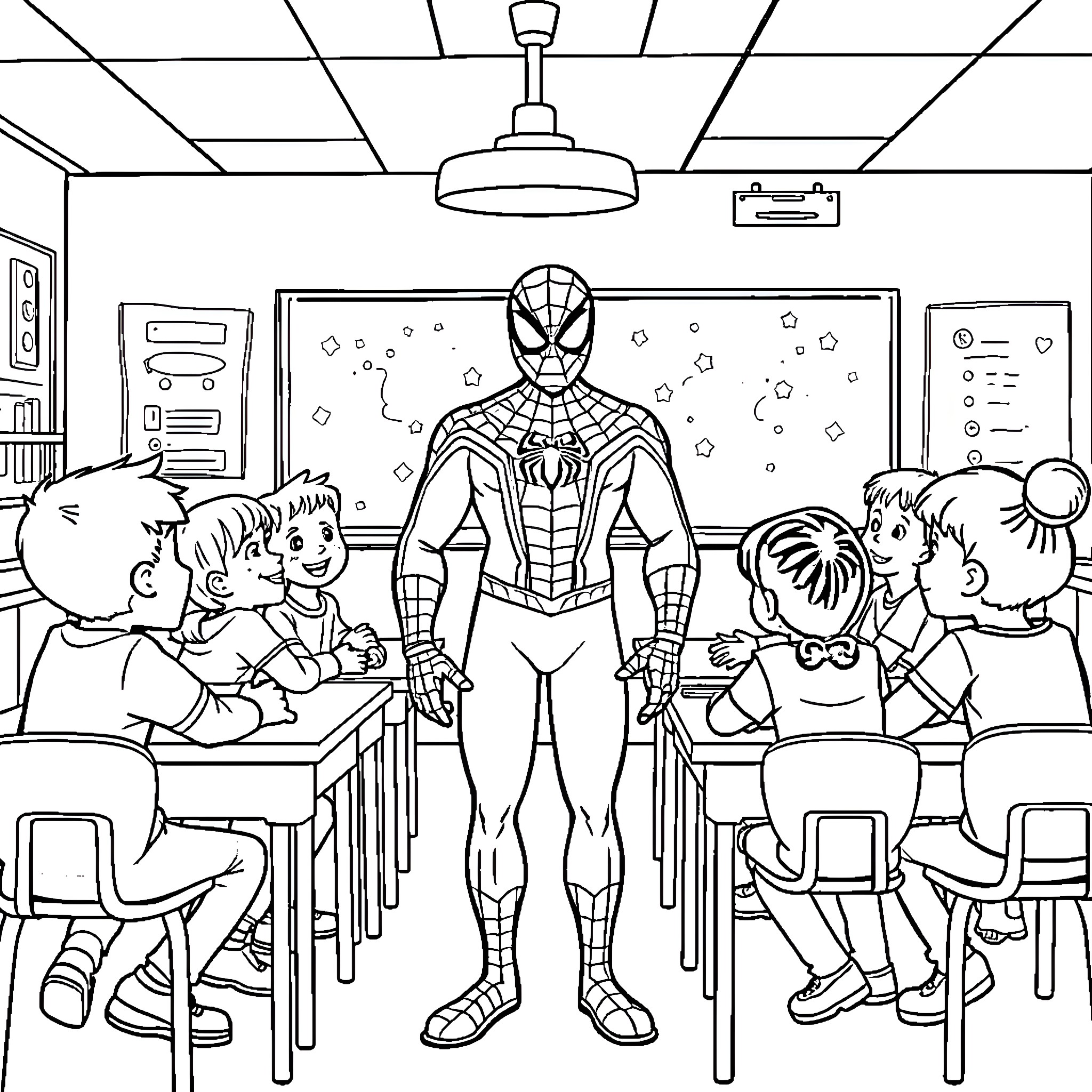 Spiderman surprises students in the classroom Coloring Page (free black-and-white line drawing printable PDF for all, from beginners to advanced learners, including children, teens, adults, and seniors)