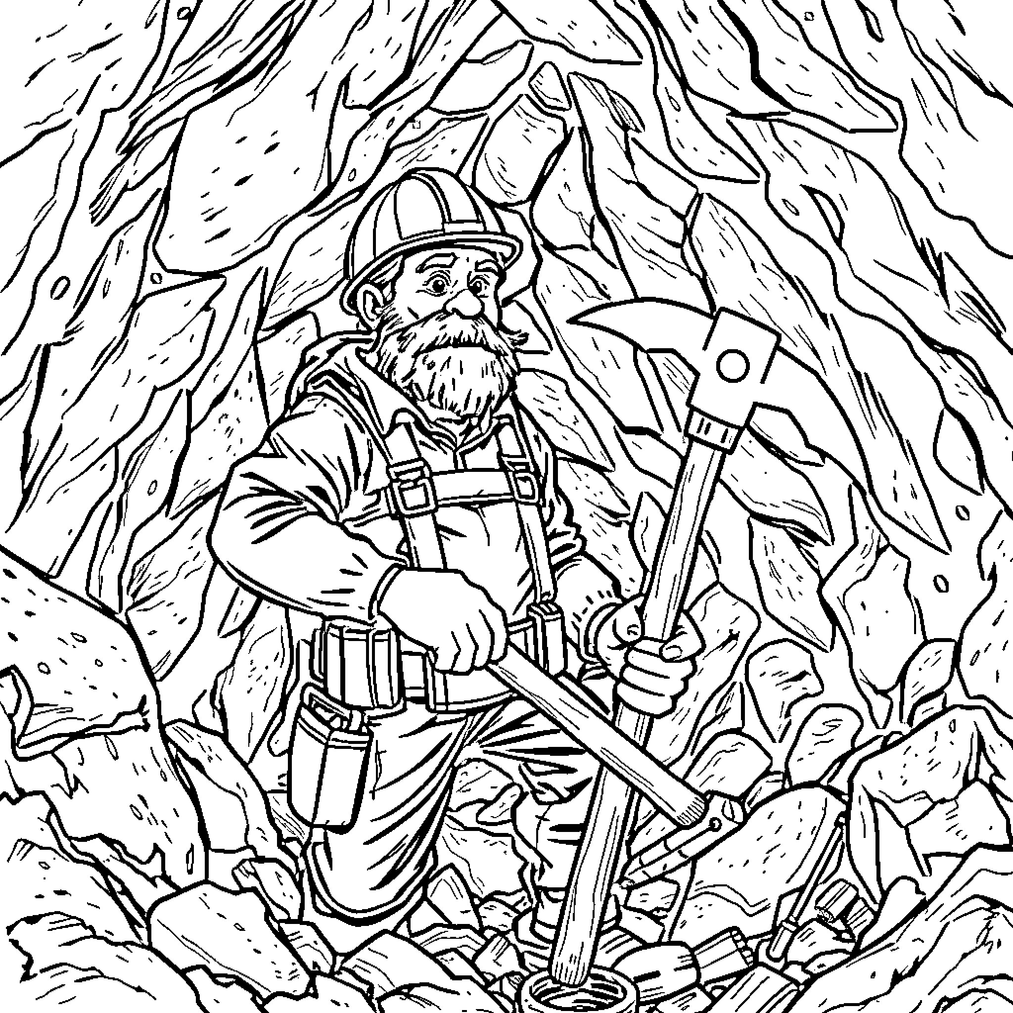 Father Prospecting for Precious Metals in the Mountains Coloring Page (free black-and-white line drawing printable PDF for all, from beginners to advanced learners, including children, teens, adults, and seniors)