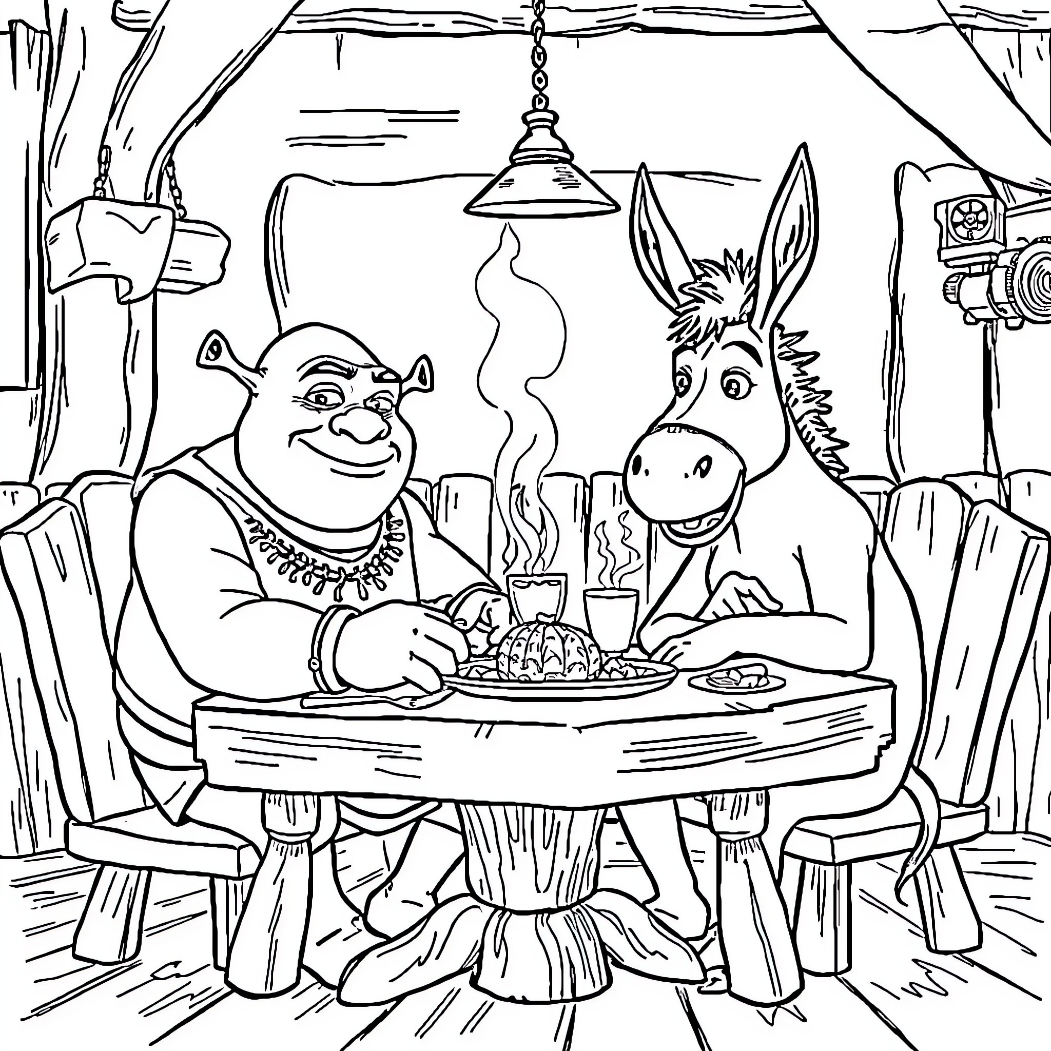 Shrek and Donkey Enjoying a Meal Together Coloring Page (free black-and-white line drawing printable PDF for all, from beginners to advanced learners, including children, teens, adults, and seniors)