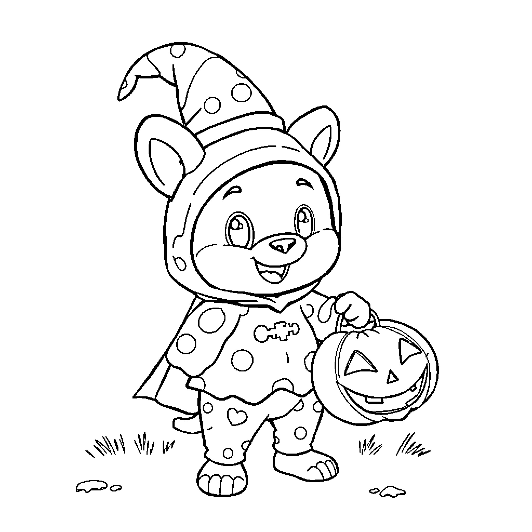 Labubu's Happy Halloween Costume Coloring Page (free black-and-white line drawing printable PDF for all, from beginners to advanced learners, including children, teens, adults, and seniors)