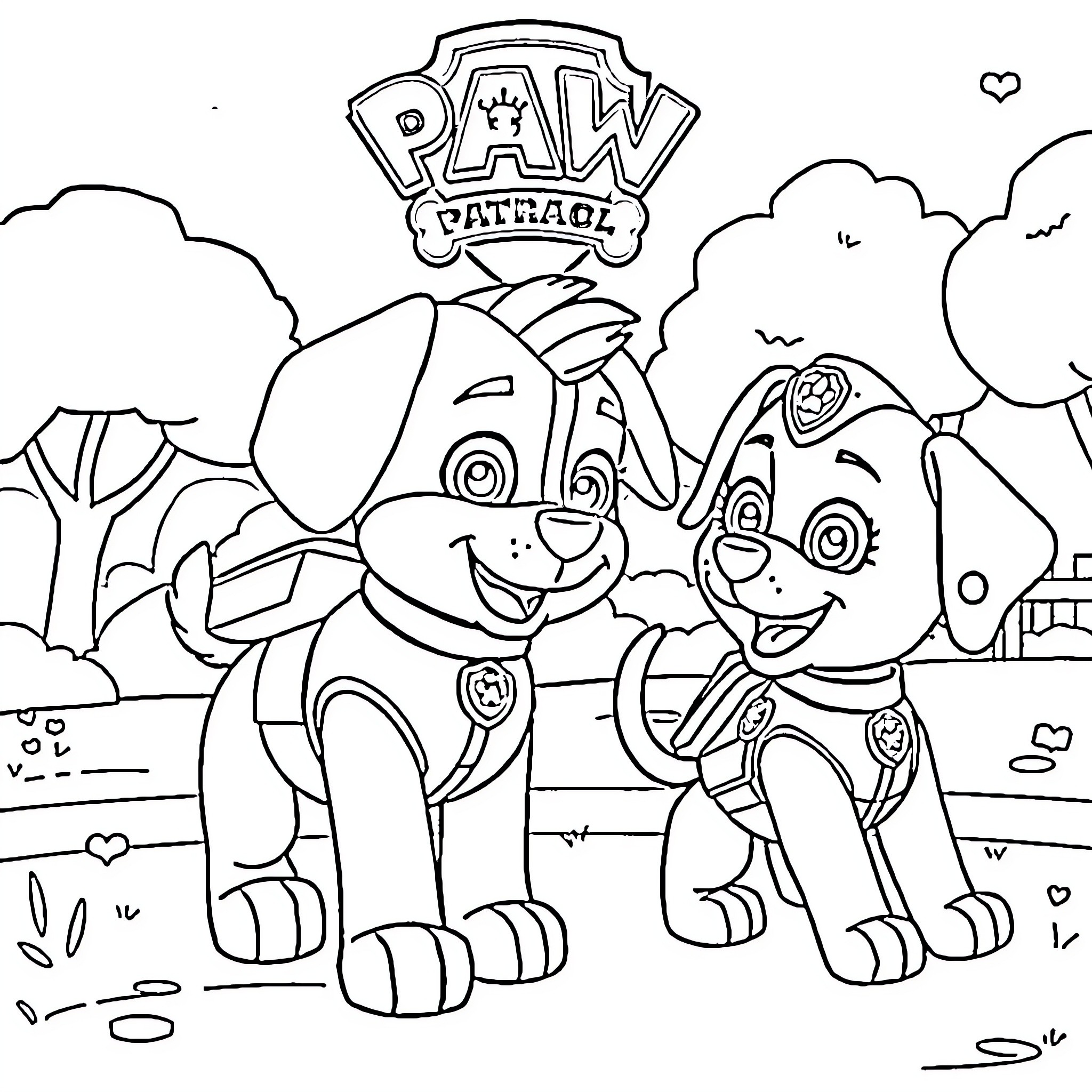 Paw Patrol characters in a scenic outdoor setting Coloring Page (free black-and-white line drawing printable PDF for all, from beginners to advanced learners, including children, teens, adults, and seniors)