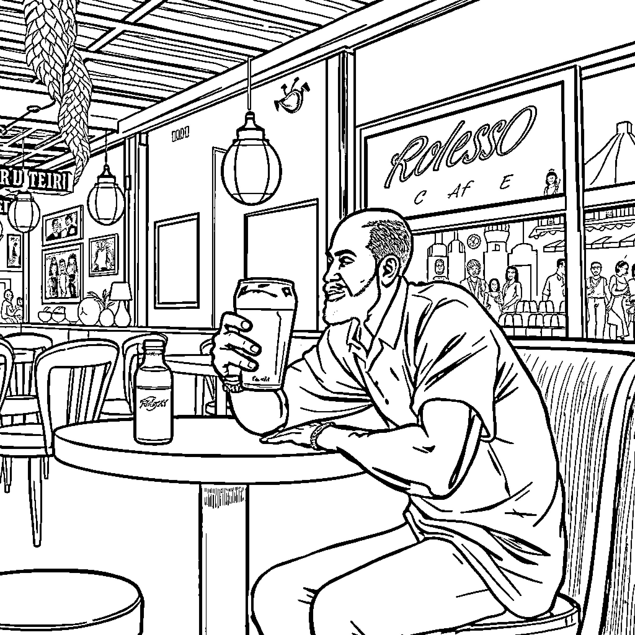 Man enjoys coffee at a cozy cafe Coloring Page (free black-and-white line drawing printable PDF for all, from beginners to advanced learners, including children, teens, adults, and seniors)