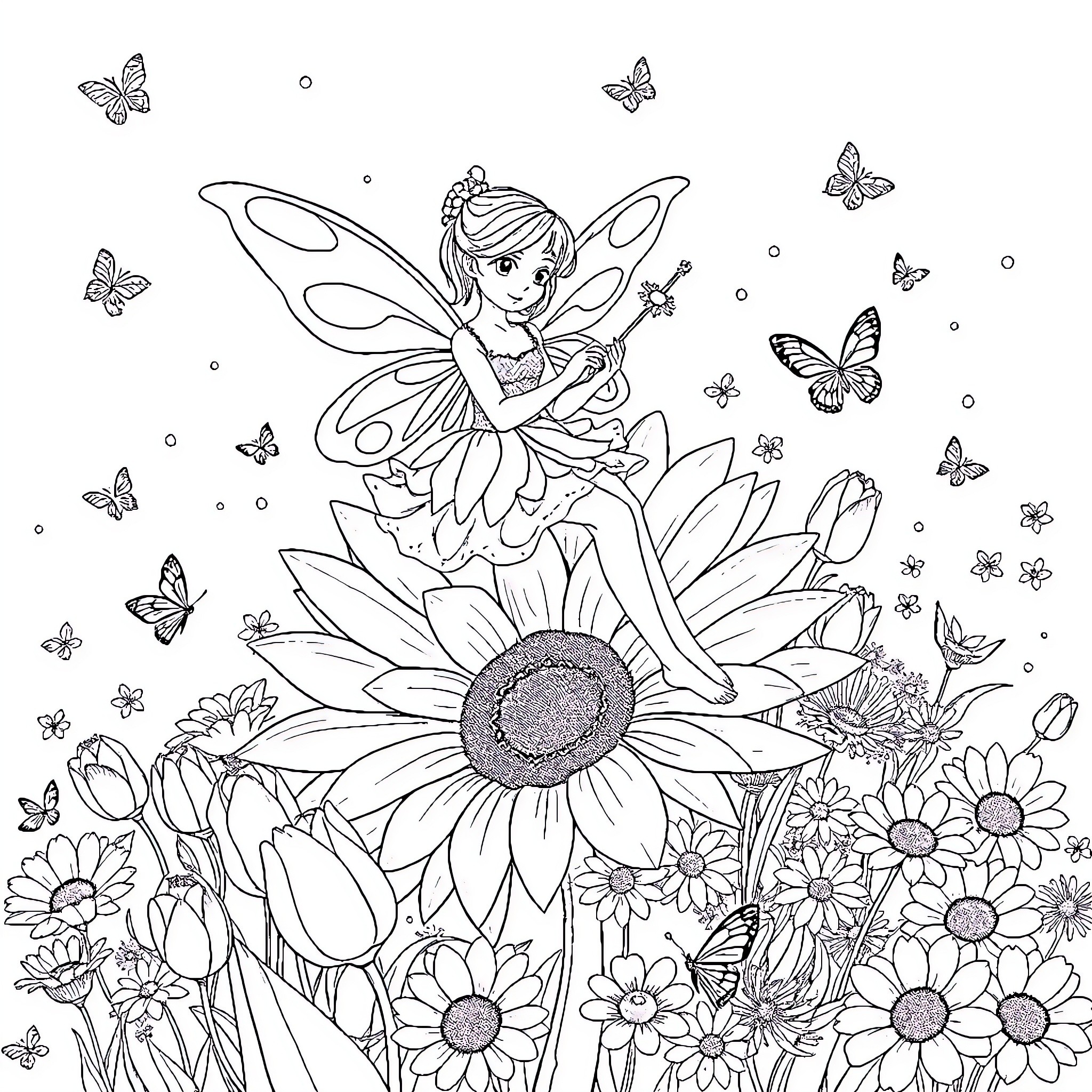 Fairy dancing among vibrant flowers and butterflies Coloring Page (free black-and-white line drawing printable PDF for all, from beginners to advanced learners, including children, teens, adults, and seniors)