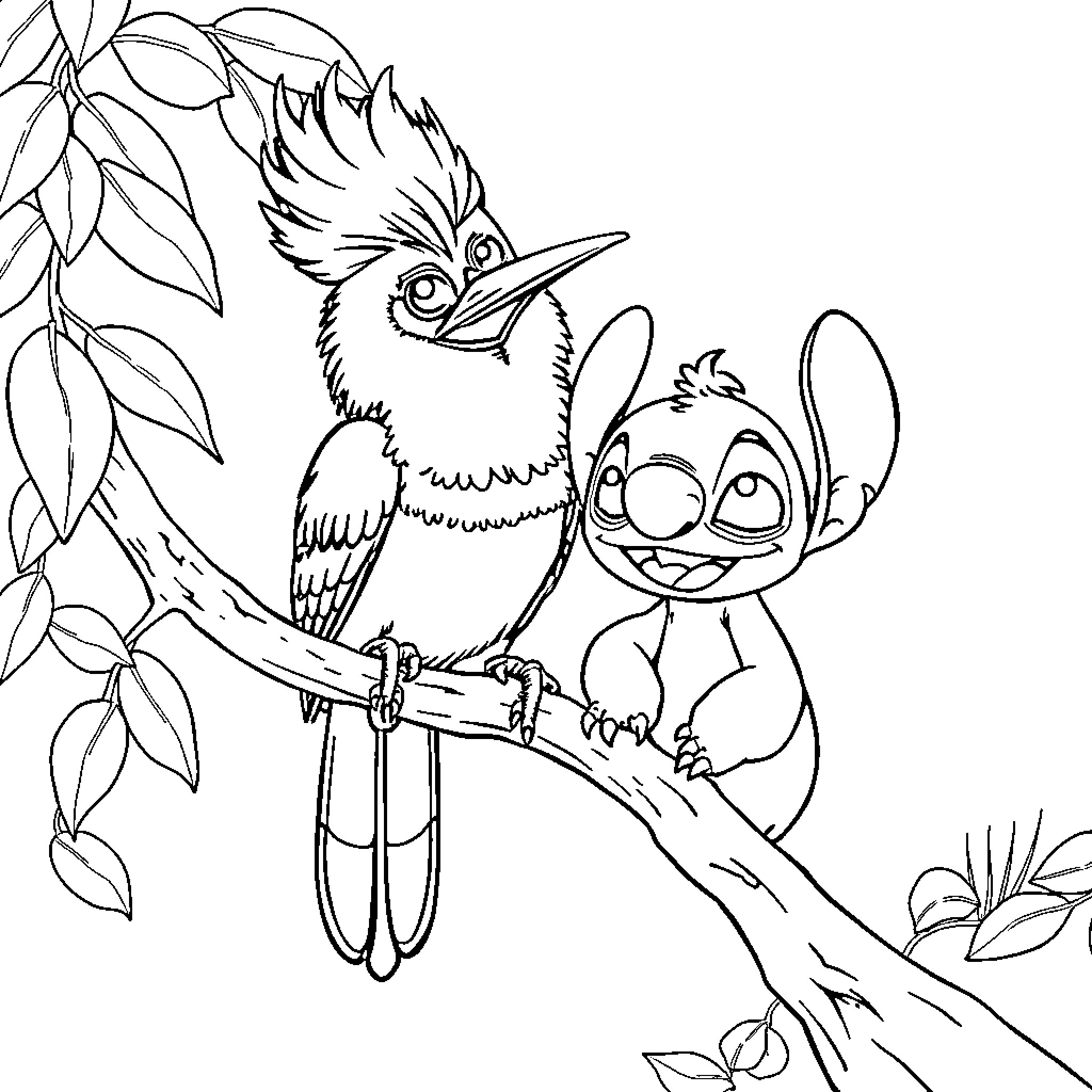 Kookaburra and Stitch enjoying nature's beauty Coloring Page (free black-and-white line drawing printable PDF for all, from beginners to advanced learners, including children, teens, adults, and seniors)