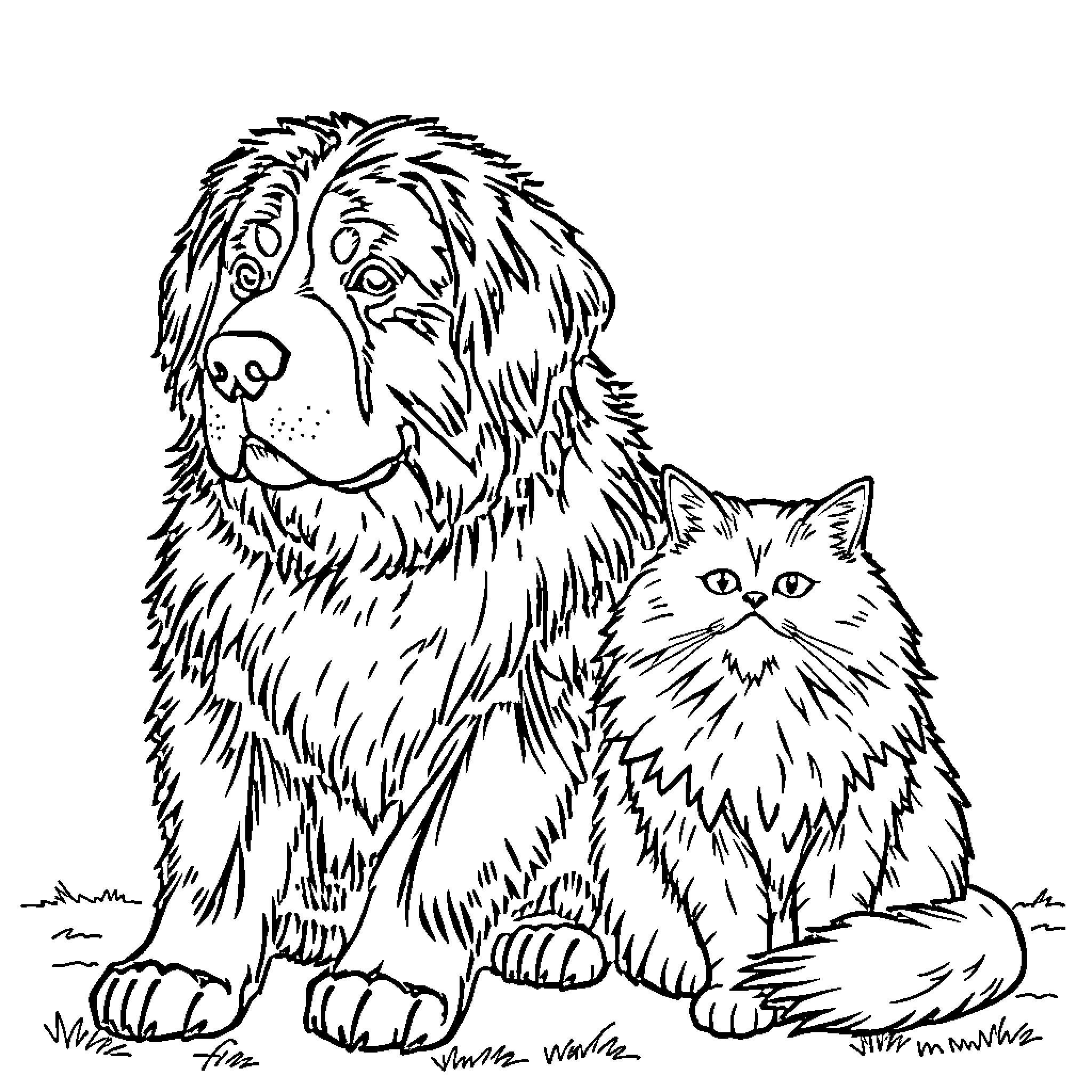 Dog and Cat Relaxing Outdoors Coloring Page (free black-and-white line drawing printable PDF for all, from beginners to advanced learners, including children, teens, adults, and seniors)