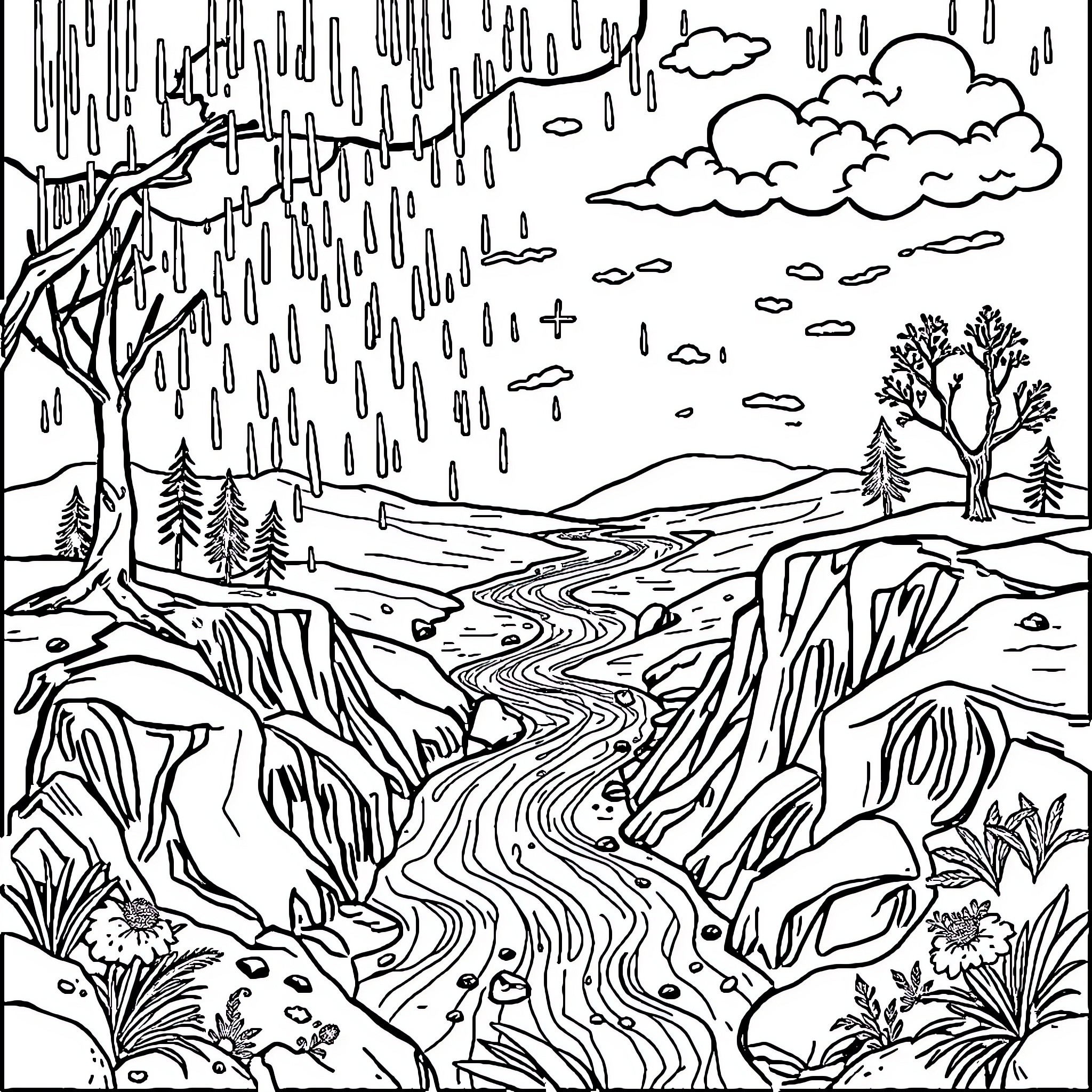 Rainwater flowing through the serene landscape Coloring Page (free black-and-white line drawing printable PDF for all, from beginners to advanced learners, including children, teens, adults, and seniors)