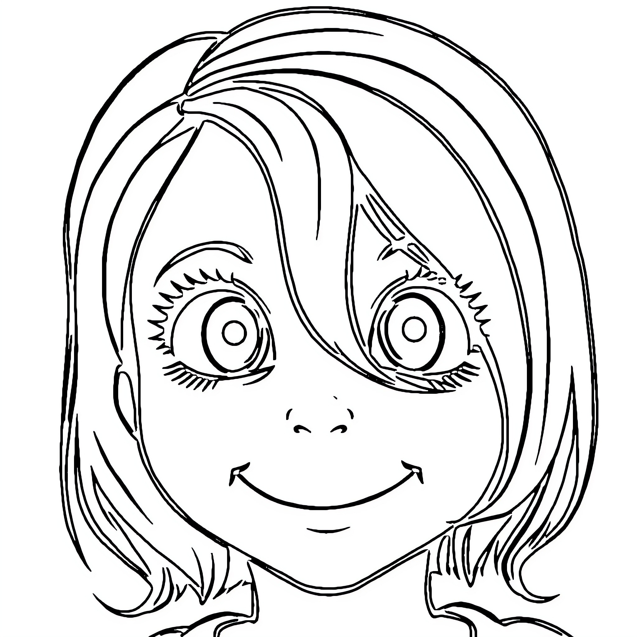 Girl with large happy eyes and short hair Coloring Page (free black-and-white line drawing printable PDF for all, from beginners to advanced learners, including children, teens, adults, and seniors)