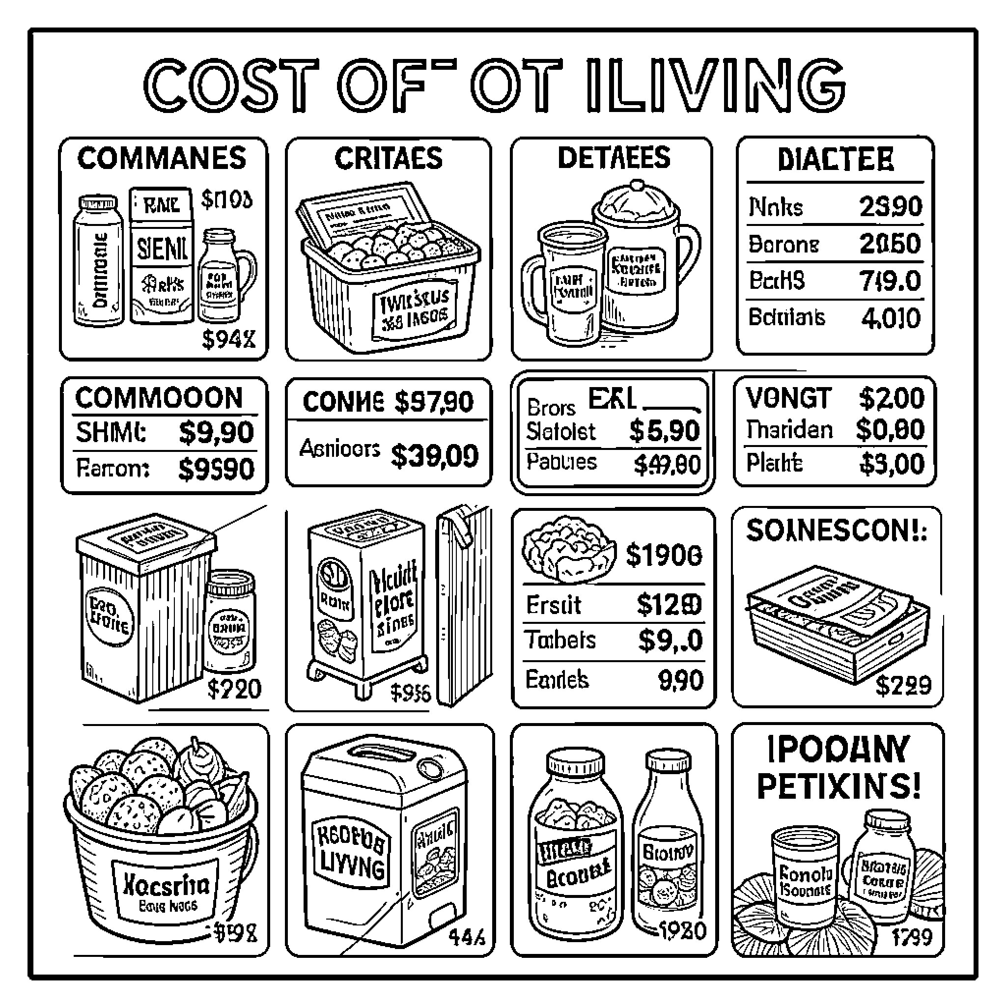 Cost of Living showing various grocery items and prices Coloring Page (free black-and-white line drawing printable PDF for all, from beginners to advanced learners, including children, teens, adults, and seniors)
