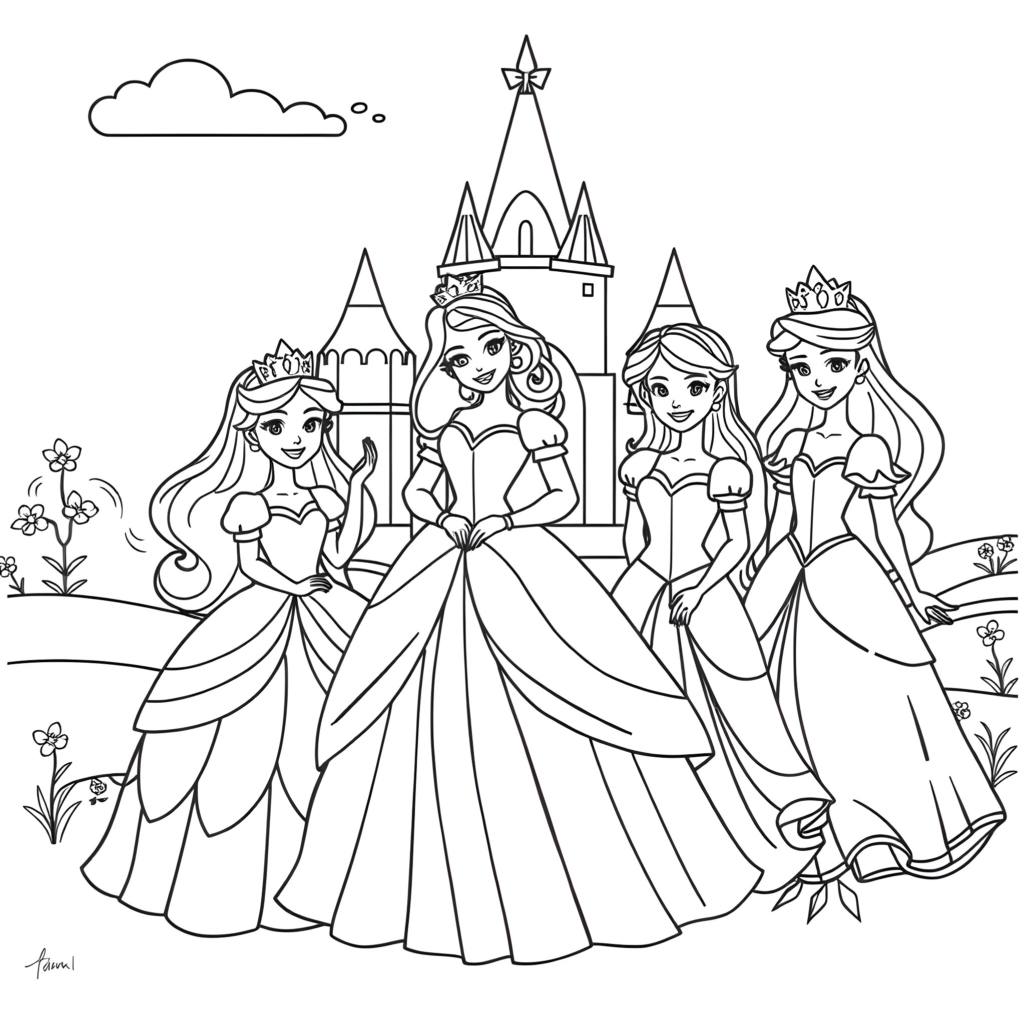 Princess Gathering in a Picturesque Castle Courtyard Coloring Page (free black-and-white line drawing printable PDF for all, from beginners to advanced learners, including children, teens, adults, and seniors)