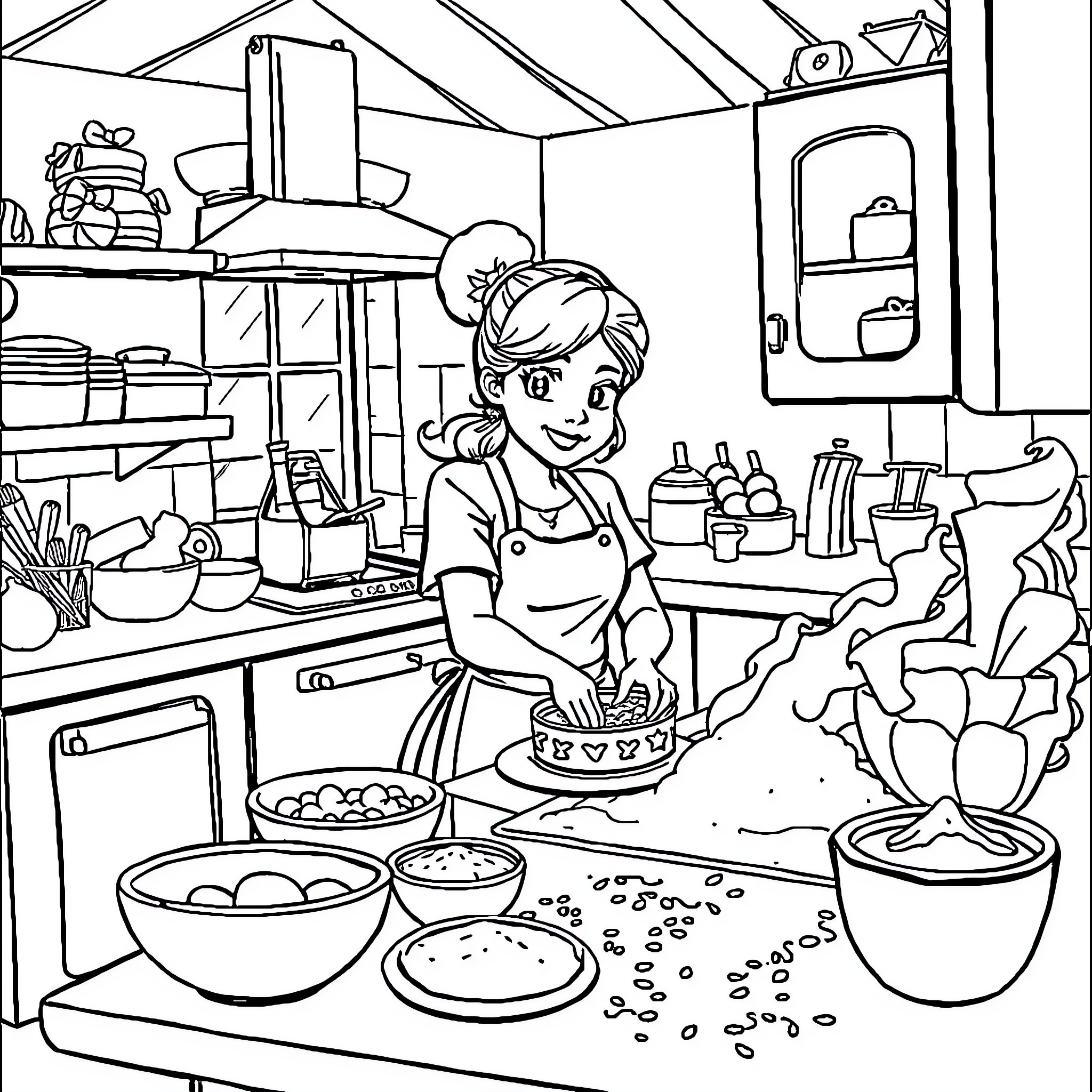 Gaby Baking a Cake in the Kitchen Coloring Page (free black-and-white line drawing printable PDF for all, from beginners to advanced learners, including children, teens, adults, and seniors)