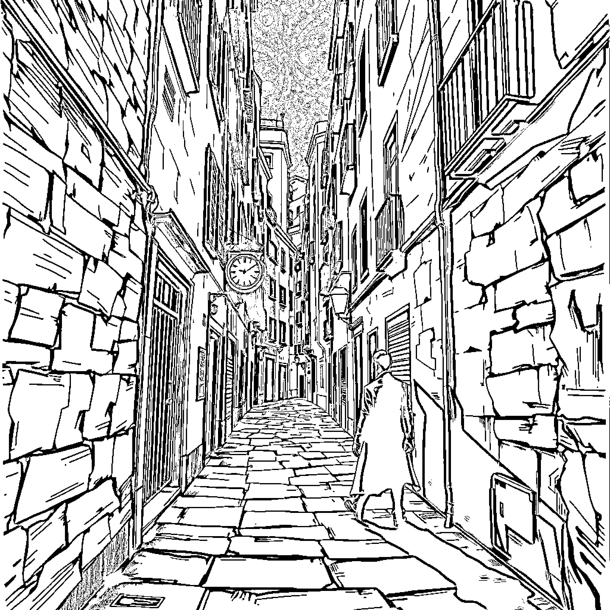 Death of Solitude in a Cramped Alleyway Coloring Page (free black-and-white line drawing printable PDF for all, from beginners to advanced learners, including children, teens, adults, and seniors)