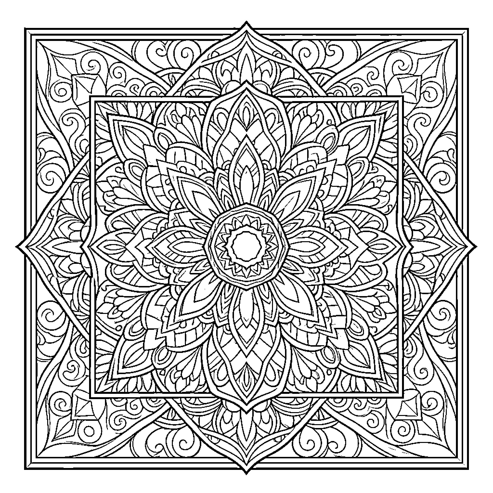 Mandala of intricate floral patterns and designs Coloring Page (free black-and-white line drawing printable PDF for all, from beginners to advanced learners, including children, teens, adults, and seniors)