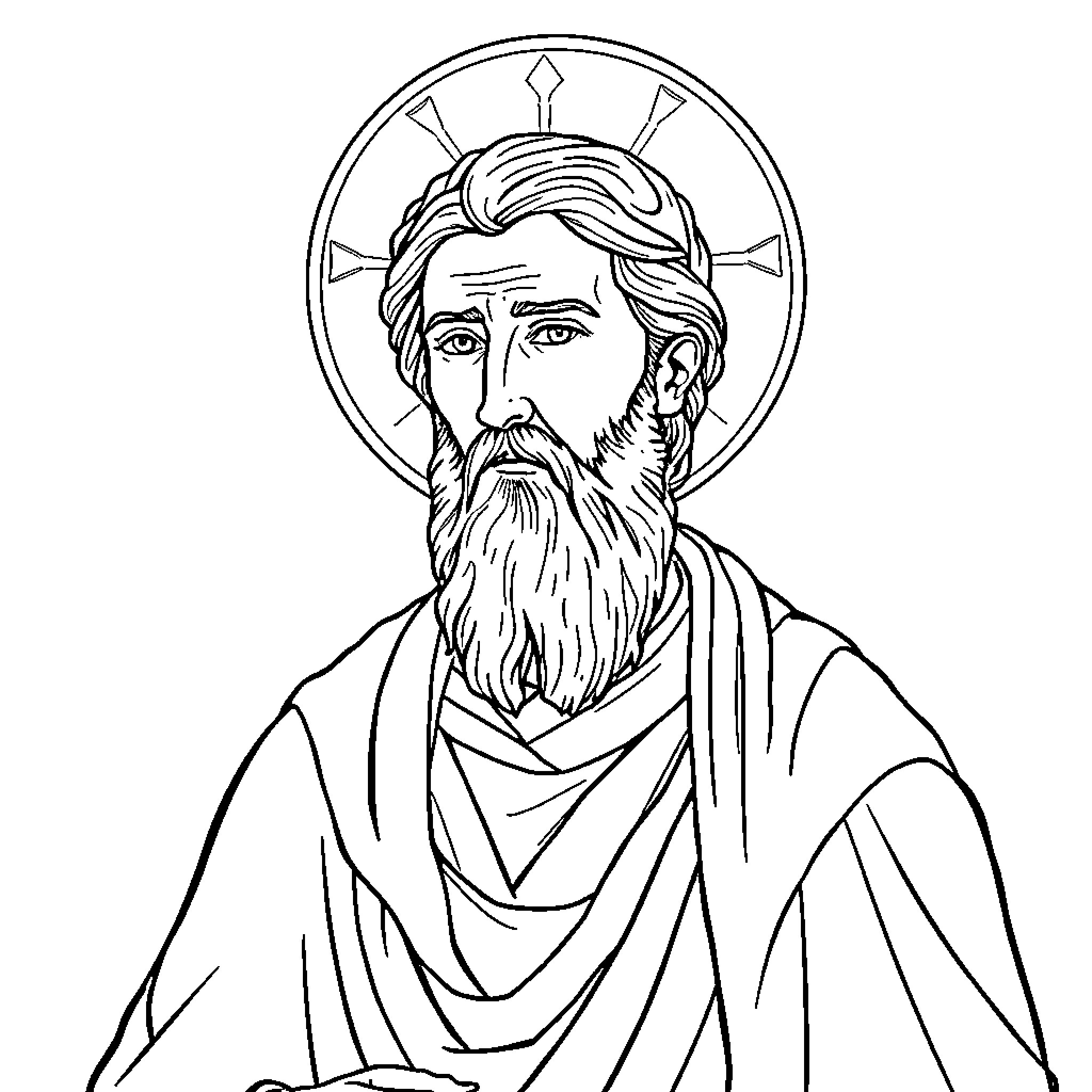 St. Sava depicted in religious attire and surrounded by symbolic elements Coloring Page (free black-and-white line drawing printable PDF for all, from beginners to advanced learners, including children, teens, adults, and seniors)