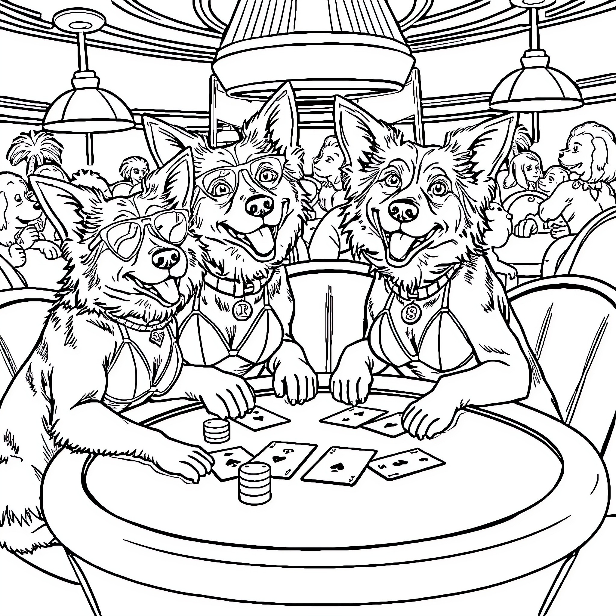Dogs playing poker in a casino-style setting Coloring Page (free black-and-white line drawing printable PDF for all, from beginners to advanced learners, including children, teens, adults, and seniors)